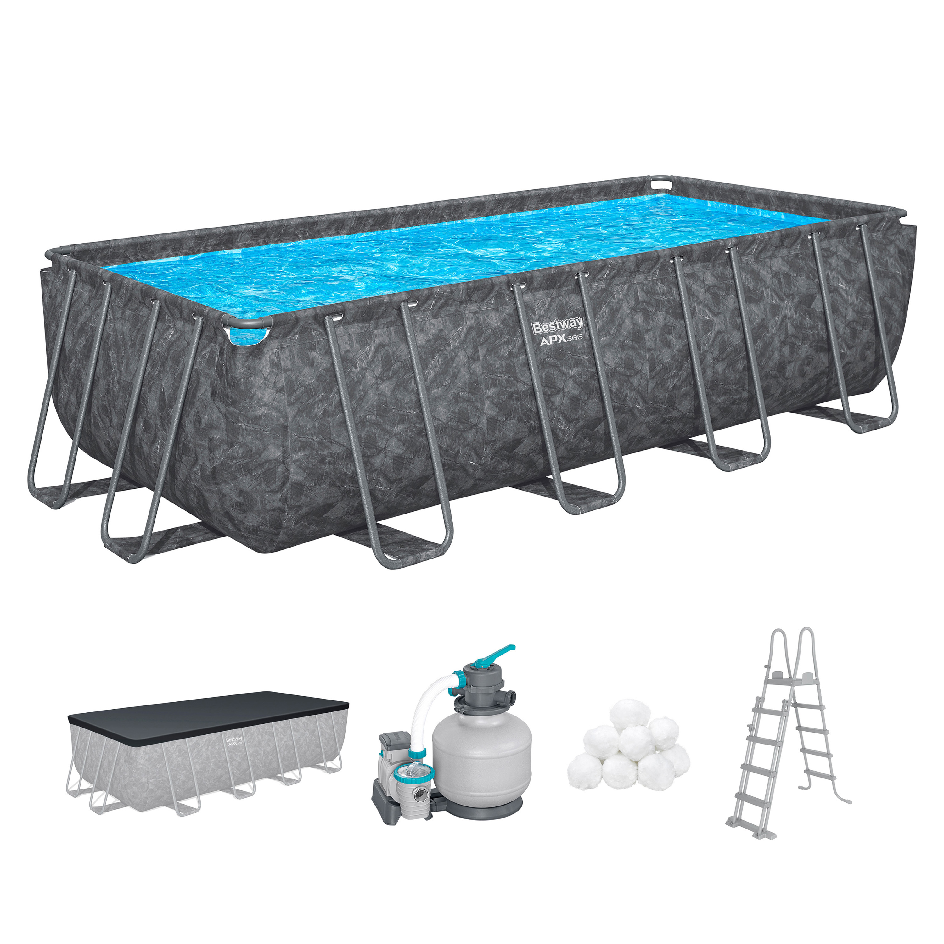 APX365™ Winterfestes Frame Pool Komplett Set mit Sandfilteranlage 549 x 274 x 132 cm, Marmor-Optik (Dunkel), eckig