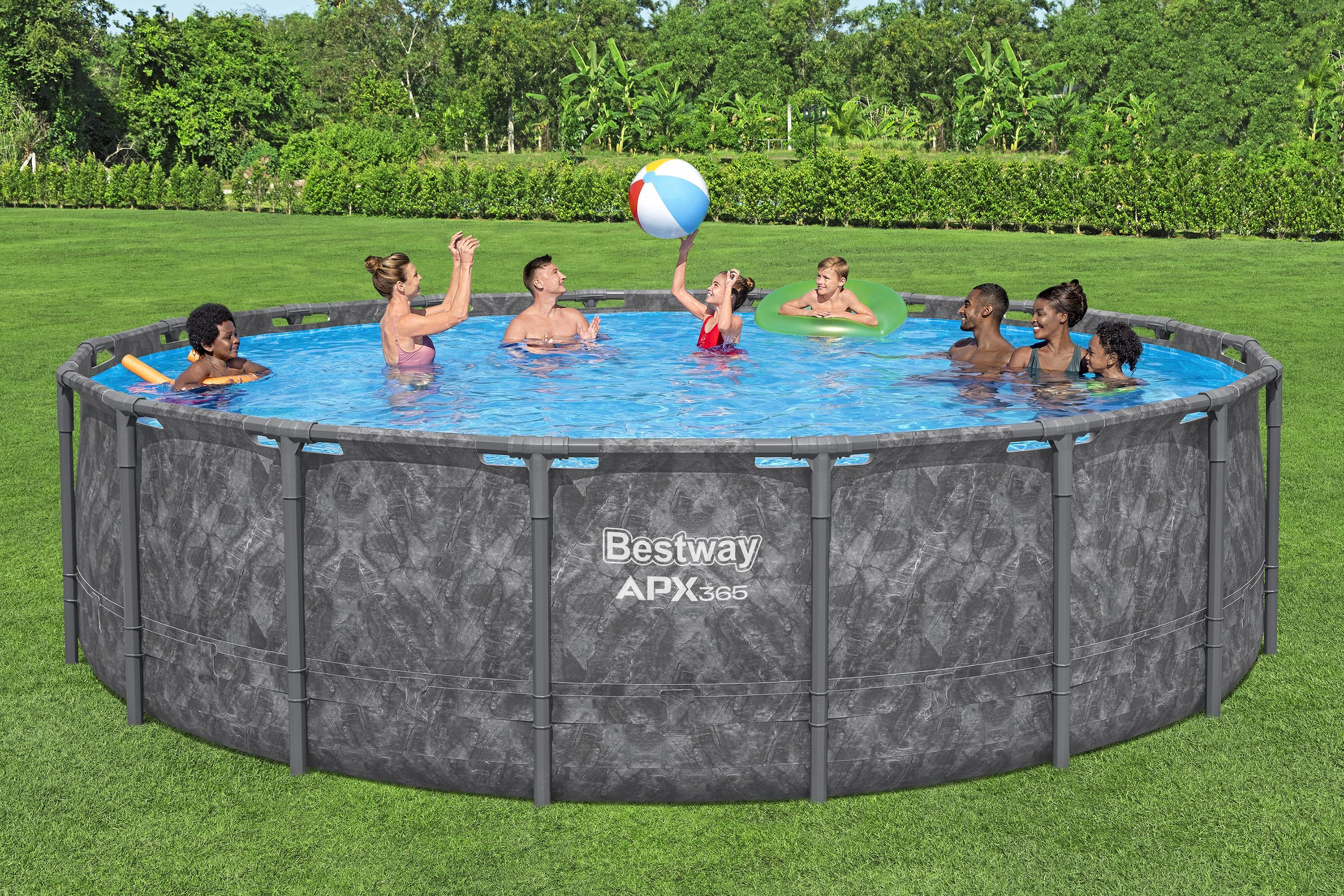 APX365™ Winterfestes Frame Pool Komplett Set mit Sandfilteranlage Ø 549 x 132 cm, Marmor-Optik (Dunkel), rund