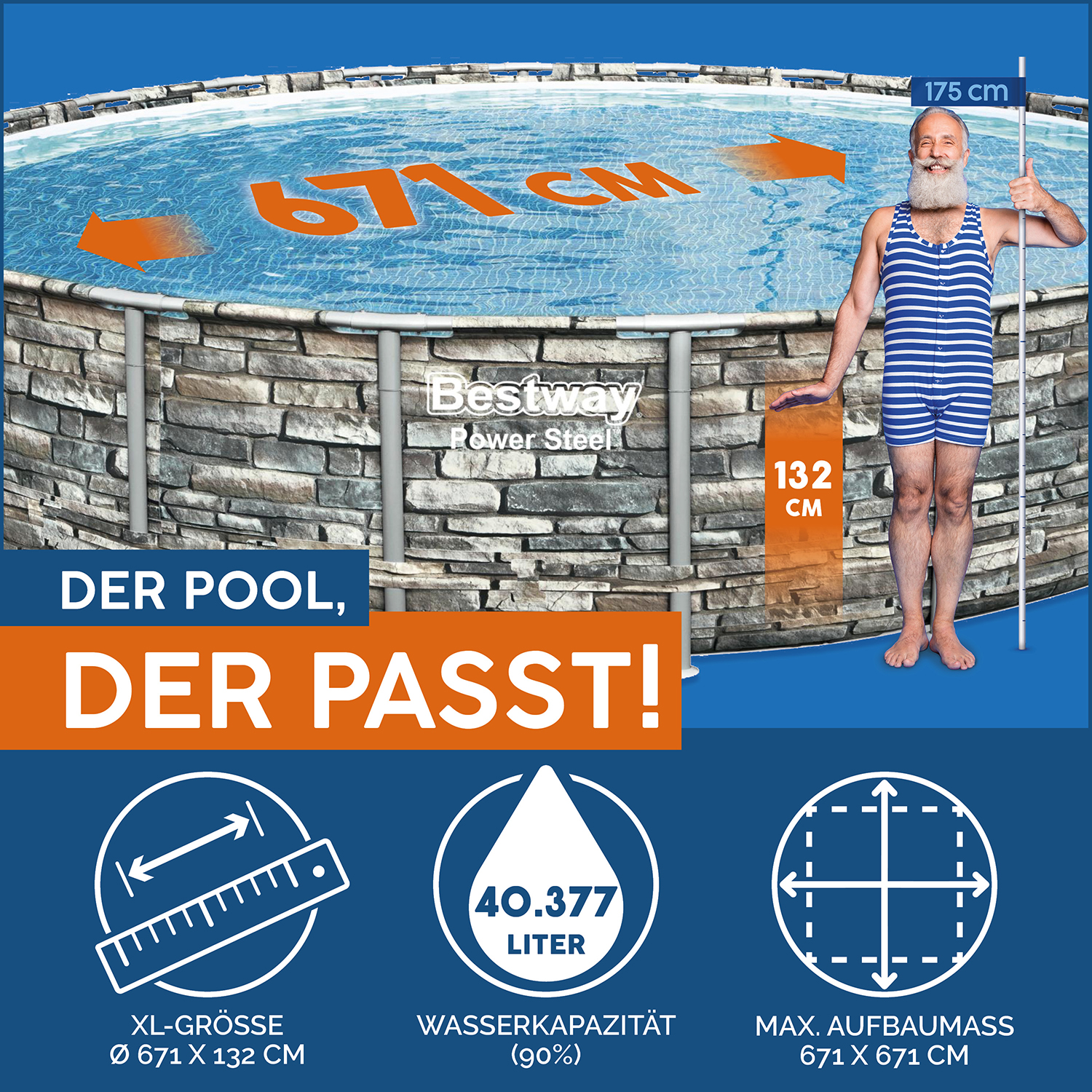Power Steel™ Frame Pool Komplett-Set mit Filterpumpe Ø 671 x 132 cm Steinwand-Optik (Naturstein), rund