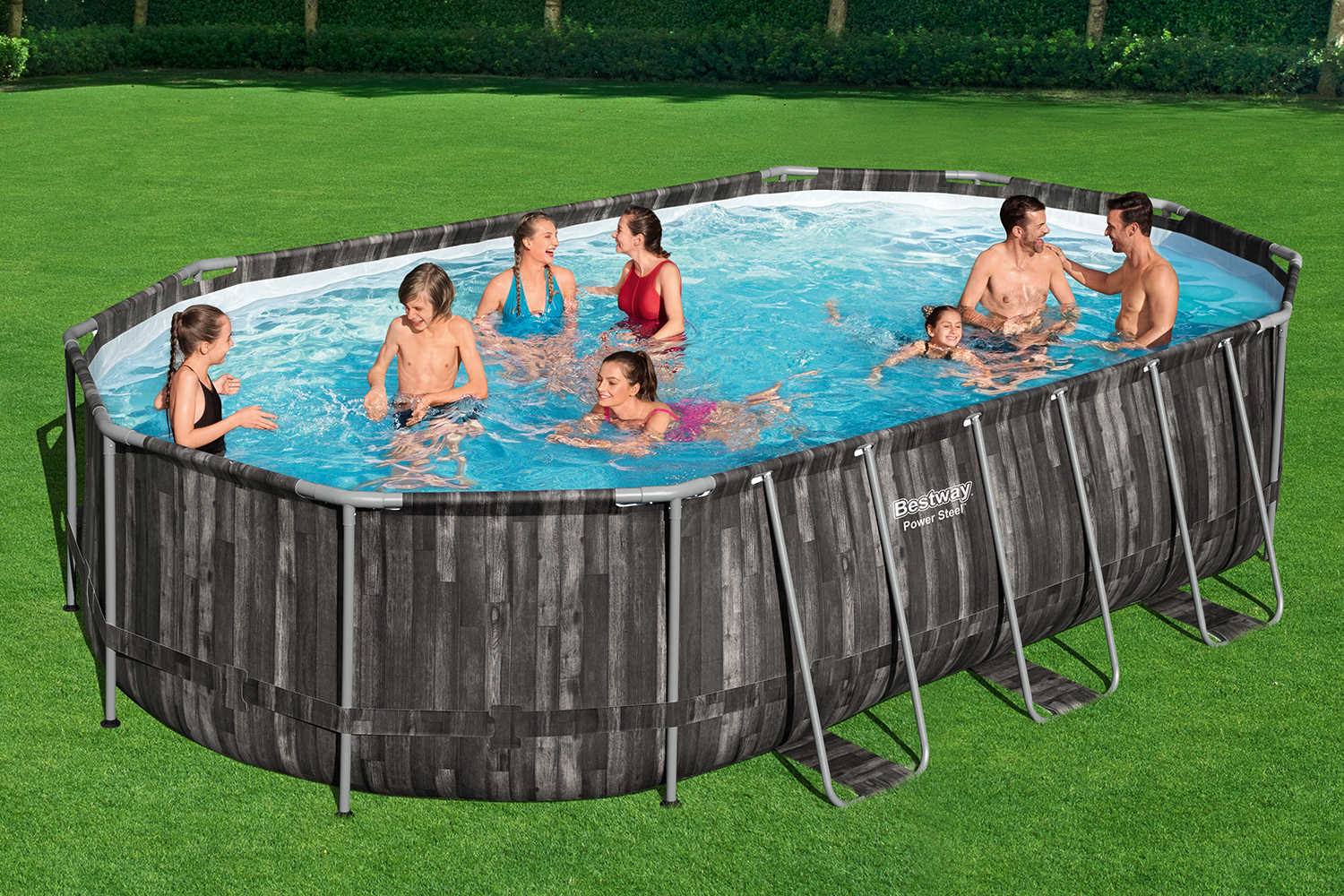 Power Steel™ Frame Pool Komplett Set mit Filterpumpe 610 x 366 x 122 cm , Holz-Optik (Mooreiche), oval