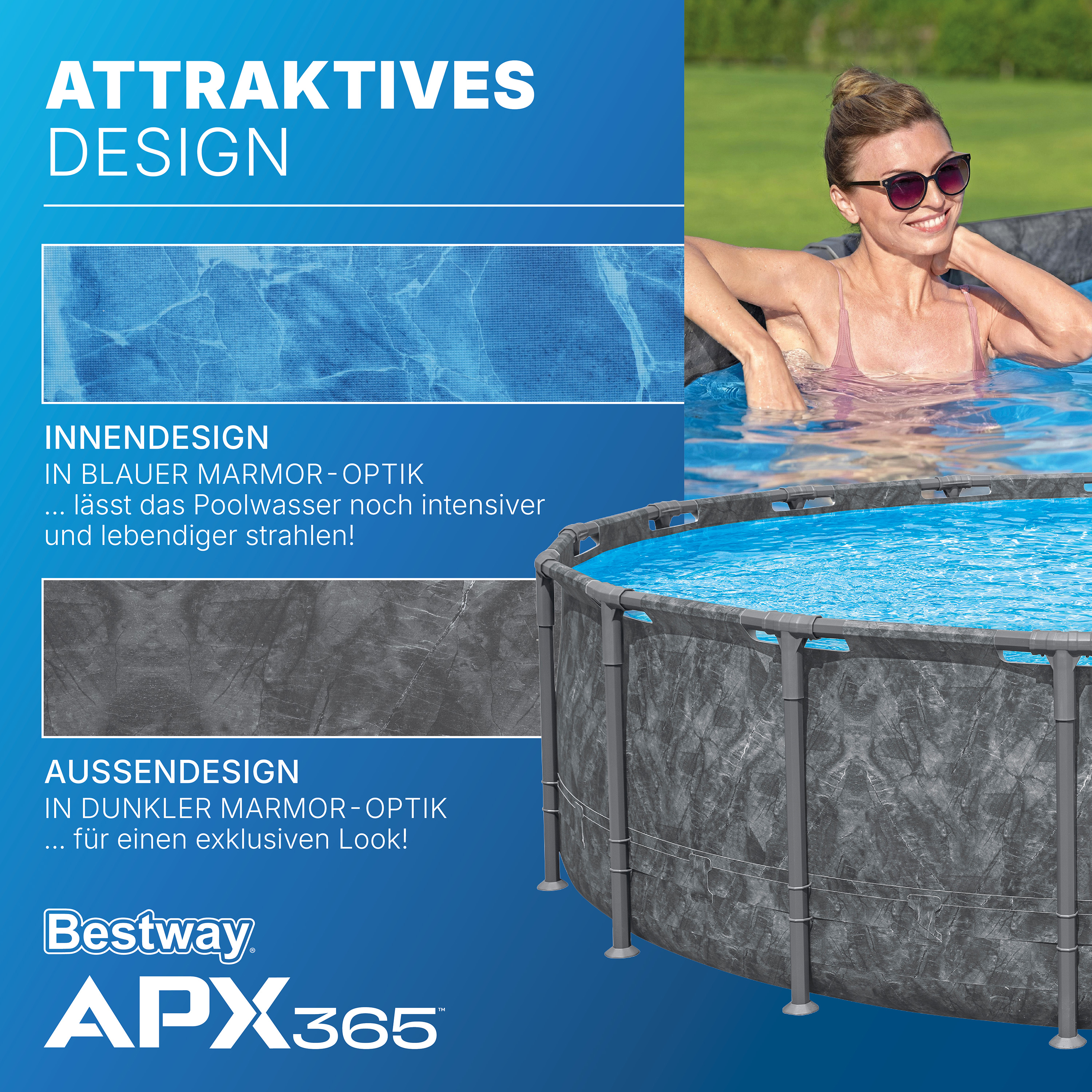 APX365™ Winterfestes Frame Pool Komplett Set mit Sandfilteranlage Ø 549 x 132 cm, Marmor-Optik (Dunkel), rund