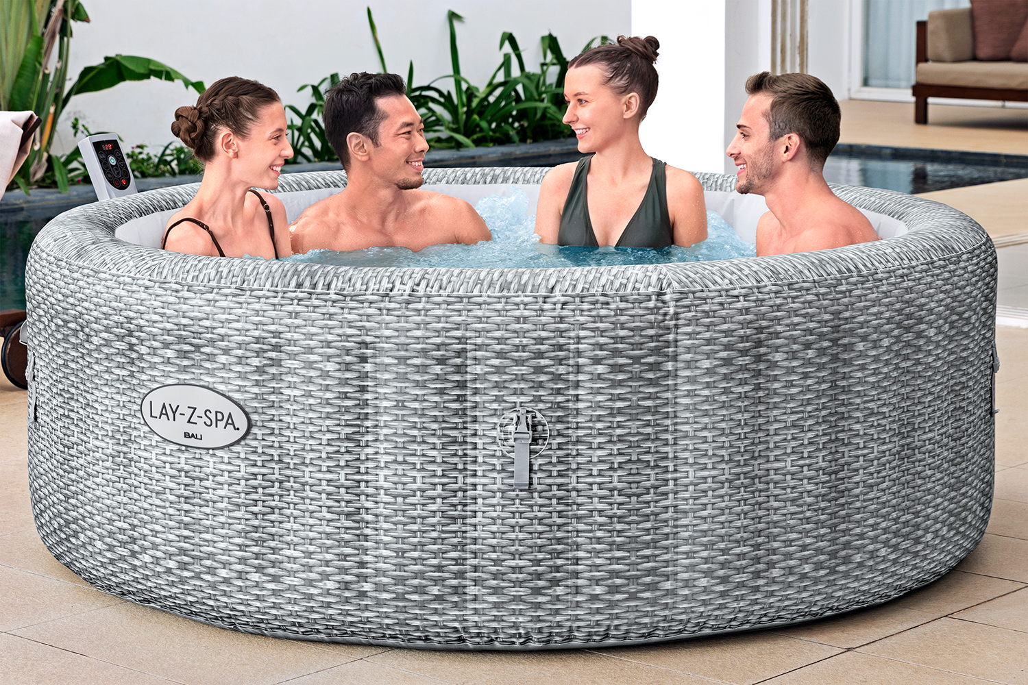 LAY-Z-SPA® Energiespar-Whirlpool Bali AirJet™ mit App-Steuerung, Ø 196 x 71 cm, für 6 Personen, Rattan-Optik (Lichtgrau)