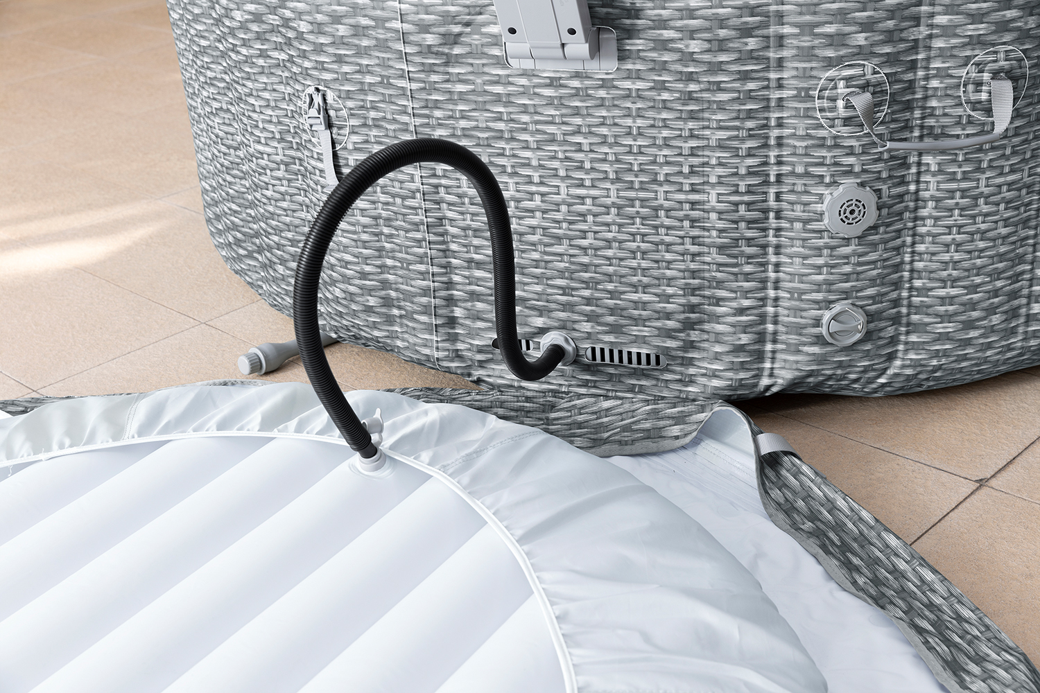 LAY-Z-SPA® Energiespar-Whirlpool Bali AirJet™ mit App-Steuerung, Ø 196 x 71 cm, für 6 Personen, Rattan-Optik (Lichtgrau)