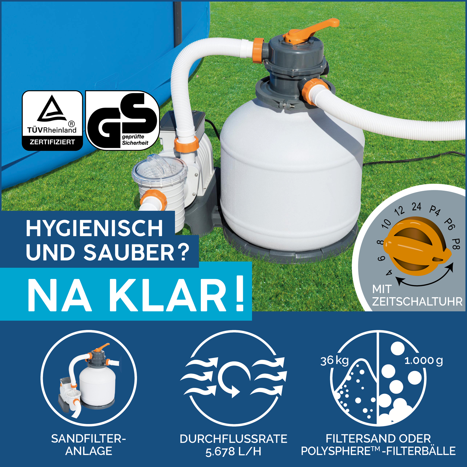 Power Steel™ Frame Pool Komplett-Set mit Sandfilteranlage 549 x 274 x 122 cm, lichtgrau, eckig