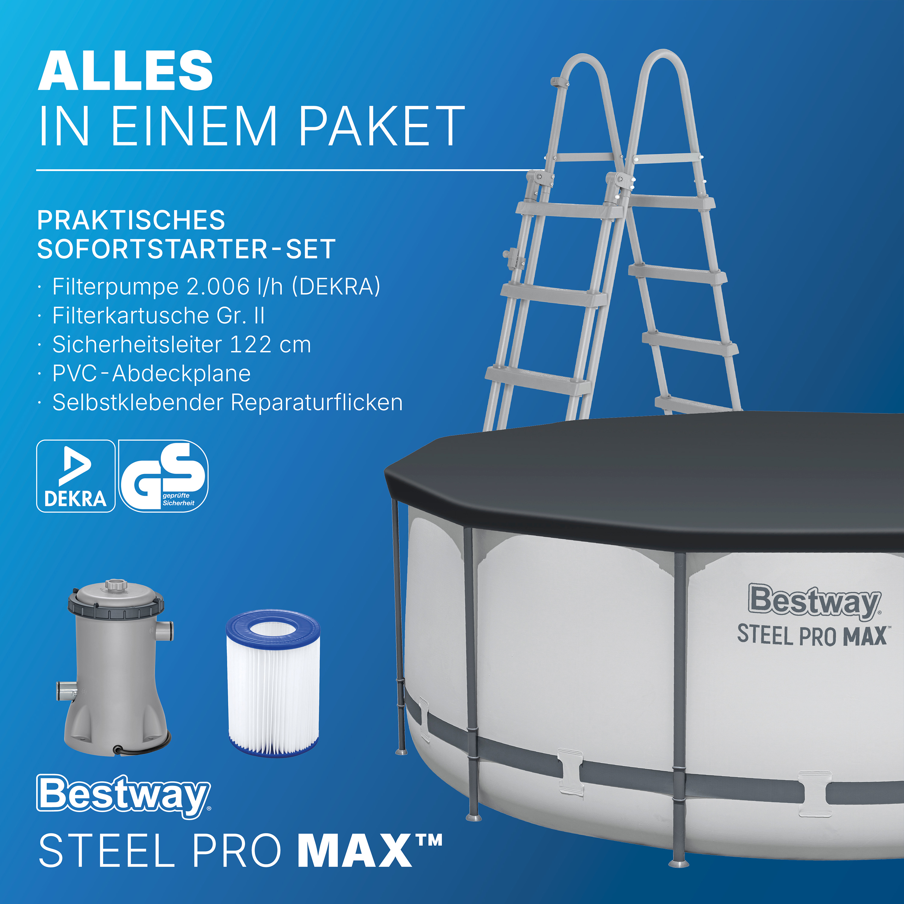 Steel Pro MAX™ Frame Pool Komplett Set mit Filterpumpe Ø 366 x 122 cm, lichtgrau, rund