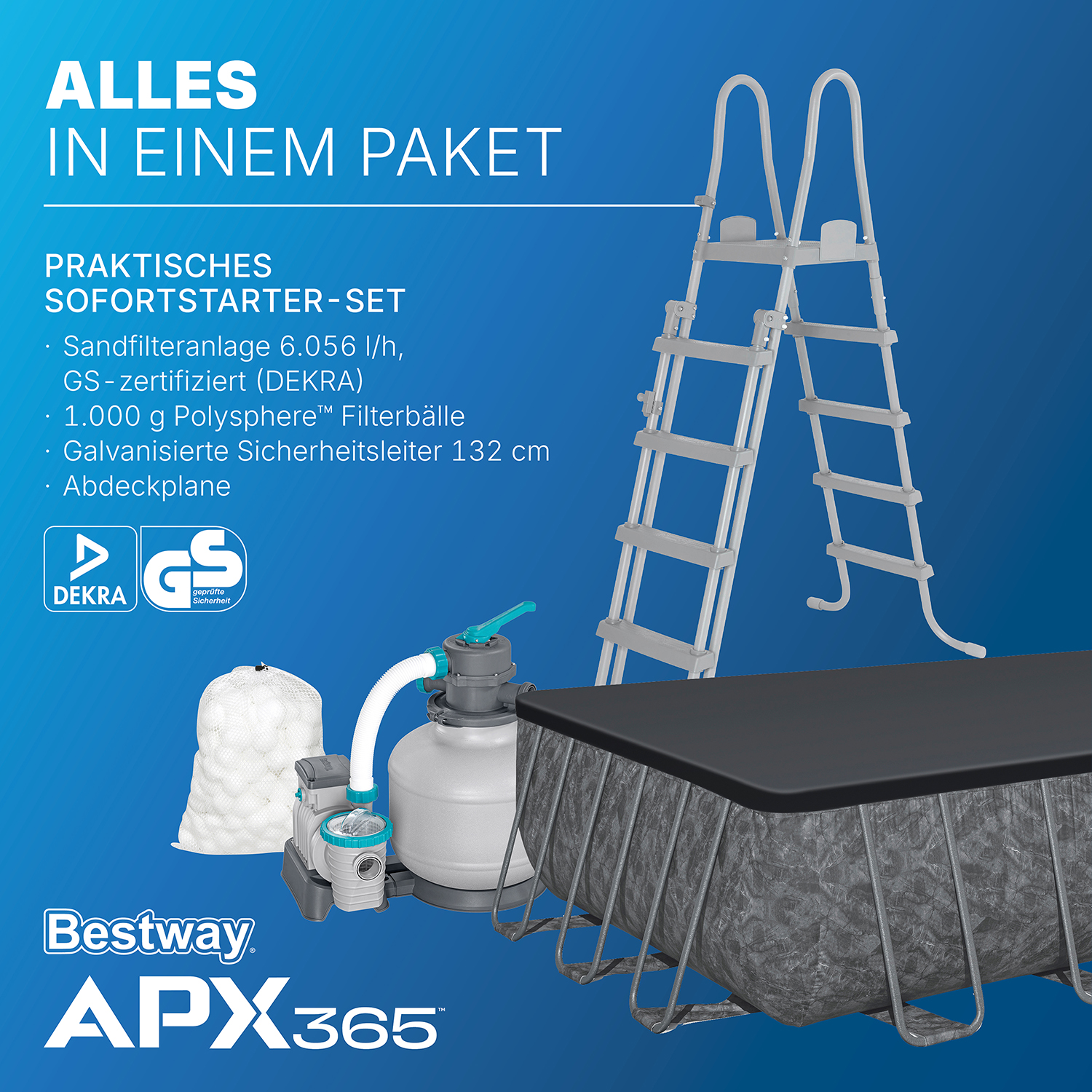 APX365™ Winterfestes Frame Pool Komplett-Set mit Sandfilteranlage 732 x 366 x 132 cm, Marmor-Optik (Dunkel), eckig