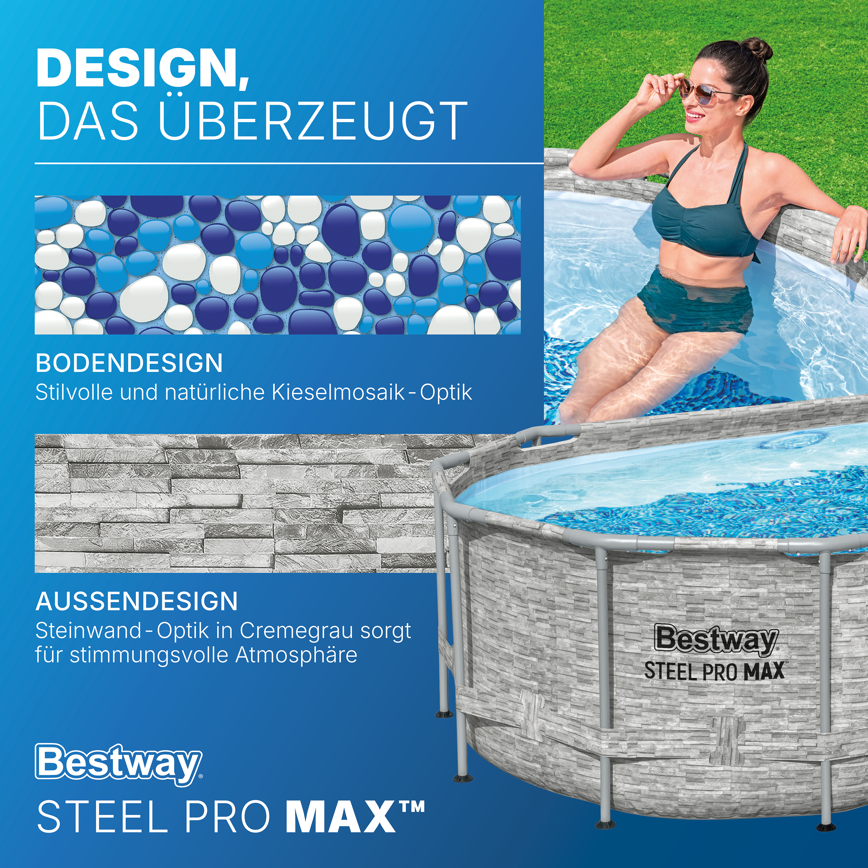 Steel Pro MAX™ Splashview™ Solo Pool ohne Zubehör 488 x 305 x 107 cm , Steinwand-Optik (Cremegrau), oval