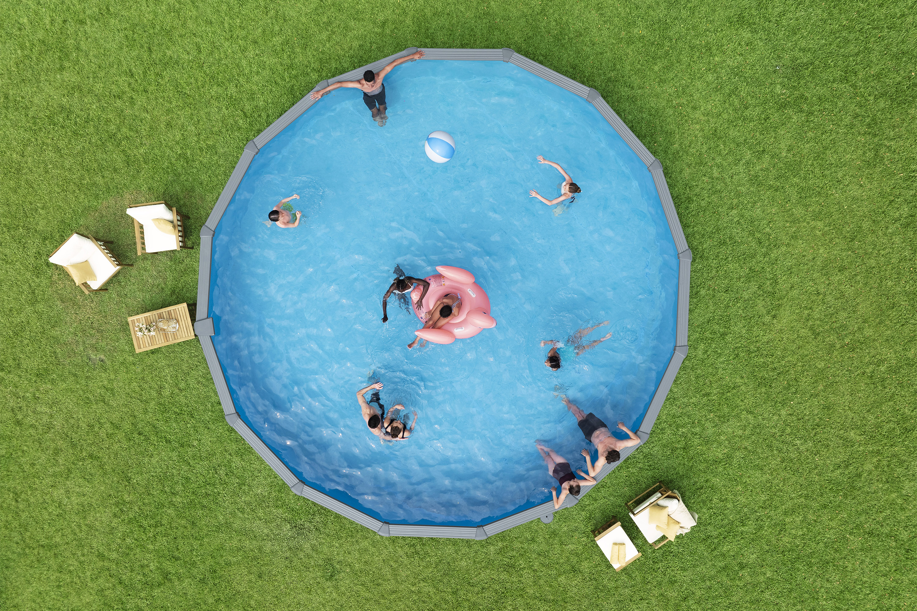 Hydrium™ Stahlwandpool Komplett Set mit Sandfilteranlage Ø 732 x 132 cm, Holz Optik (Grau), rund