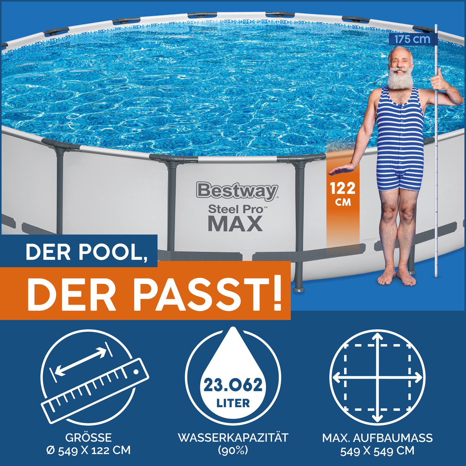 Steel Pro MAX™ Frame Pool Komplett-Set mit Filterpumpe Ø 549 x 122 cm, lichtgrau, rund