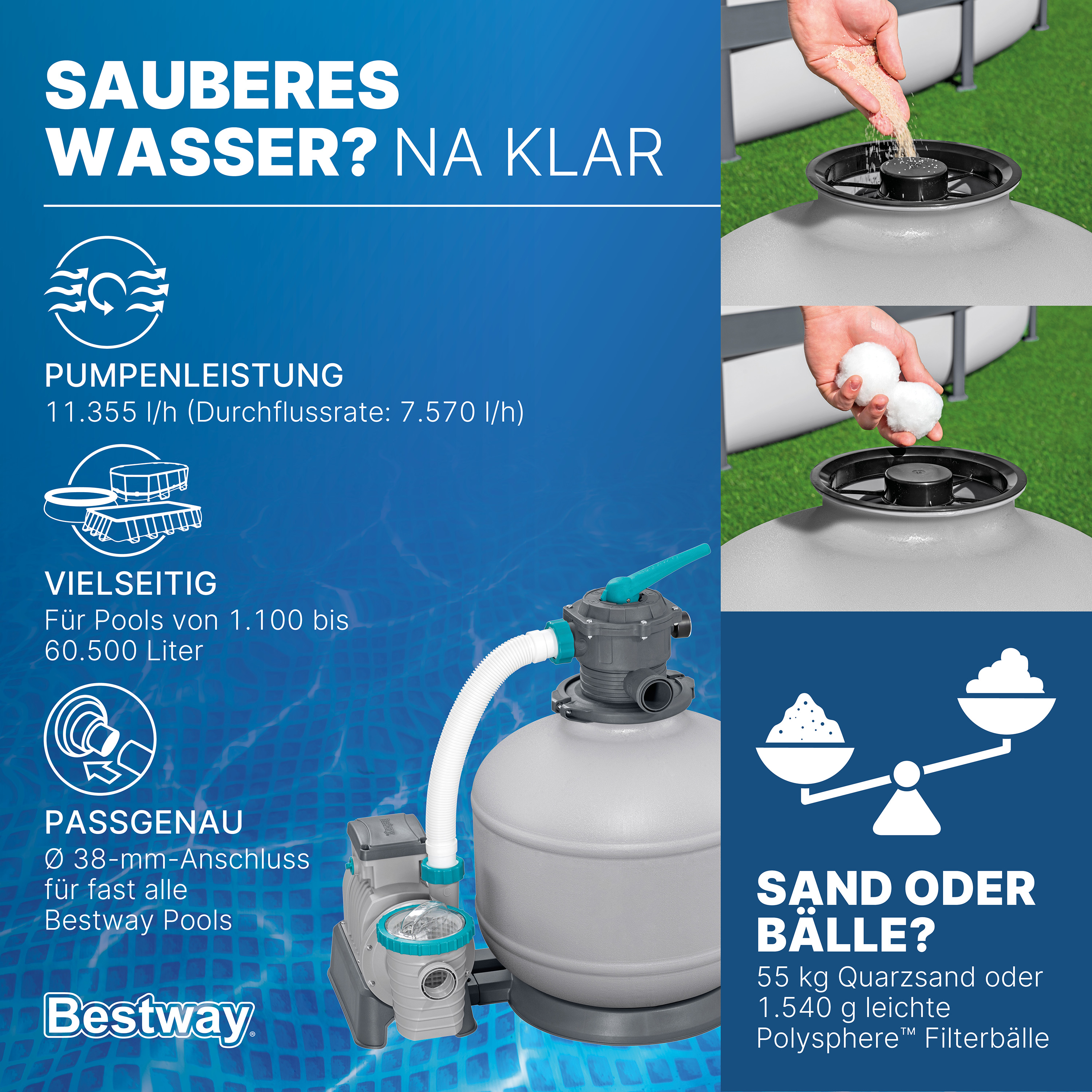 Sandfilteranlage mit Zeitschaltuhr 11.355 l/h, 500 W
