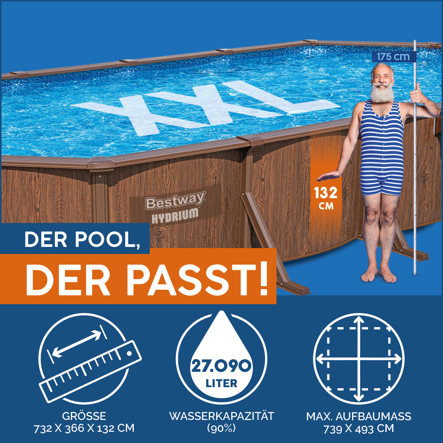 Hydrium™ Stahlwandpool Komplett-Set mit Sandfilteranlage 730 x 360 x 130 cm, Holz-Optik (Palisander), oval