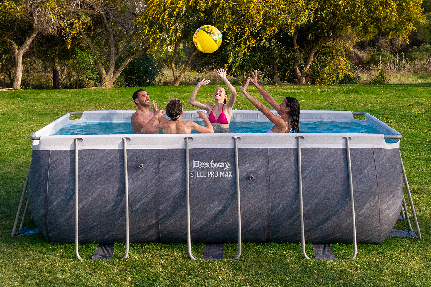 Steel Pro MAX™ Frame Pool Set mit Filterpumpe 412 x 201 x 122 cm, Marmor-Optik (Schiefergrau), eckig