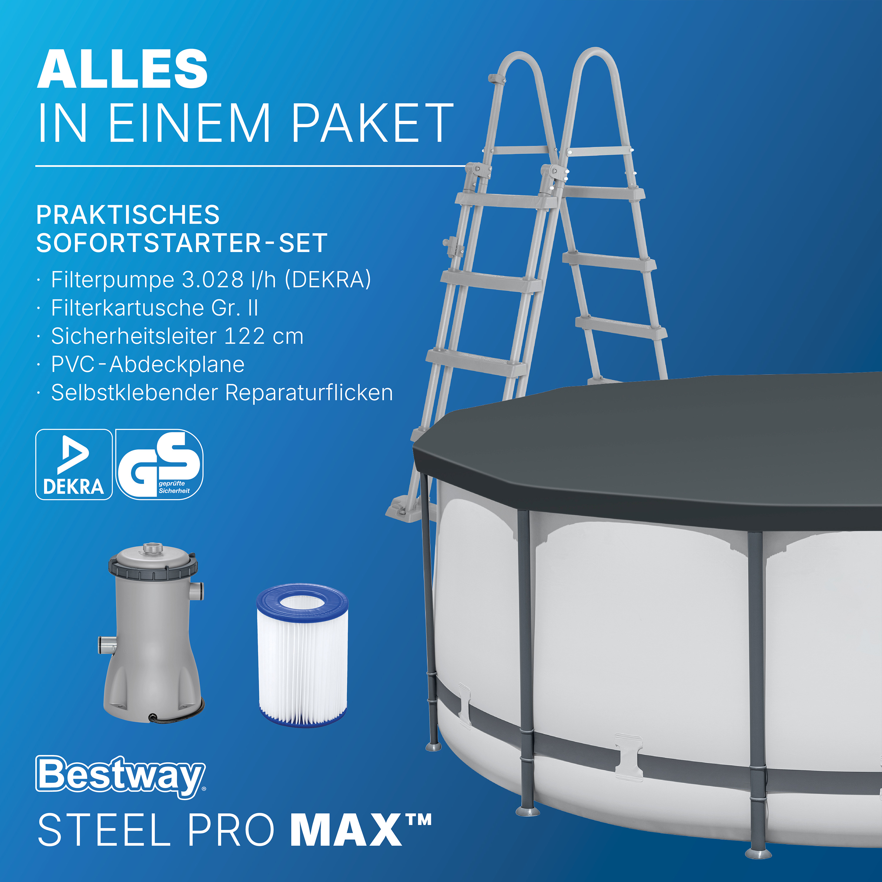Steel Pro MAX™ Frame Pool  Komplett Set mit Filterpumpe Ø 396 x 122 cm, lichtgrau, rund