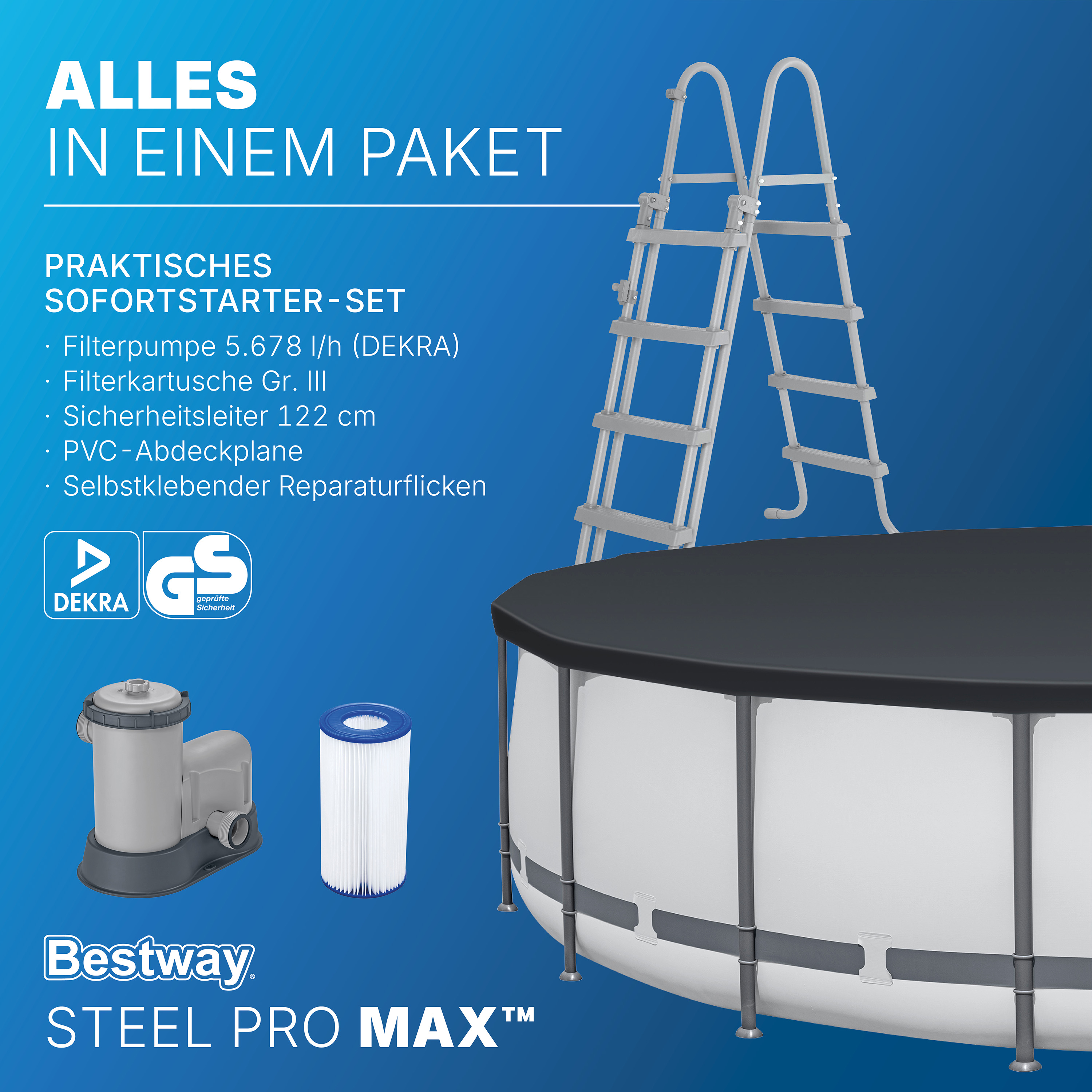 Steel Pro MAX™ Frame Pool Komplett Set mit Filterpumpe Ø 549 x 122 cm, lichtgrau, rund