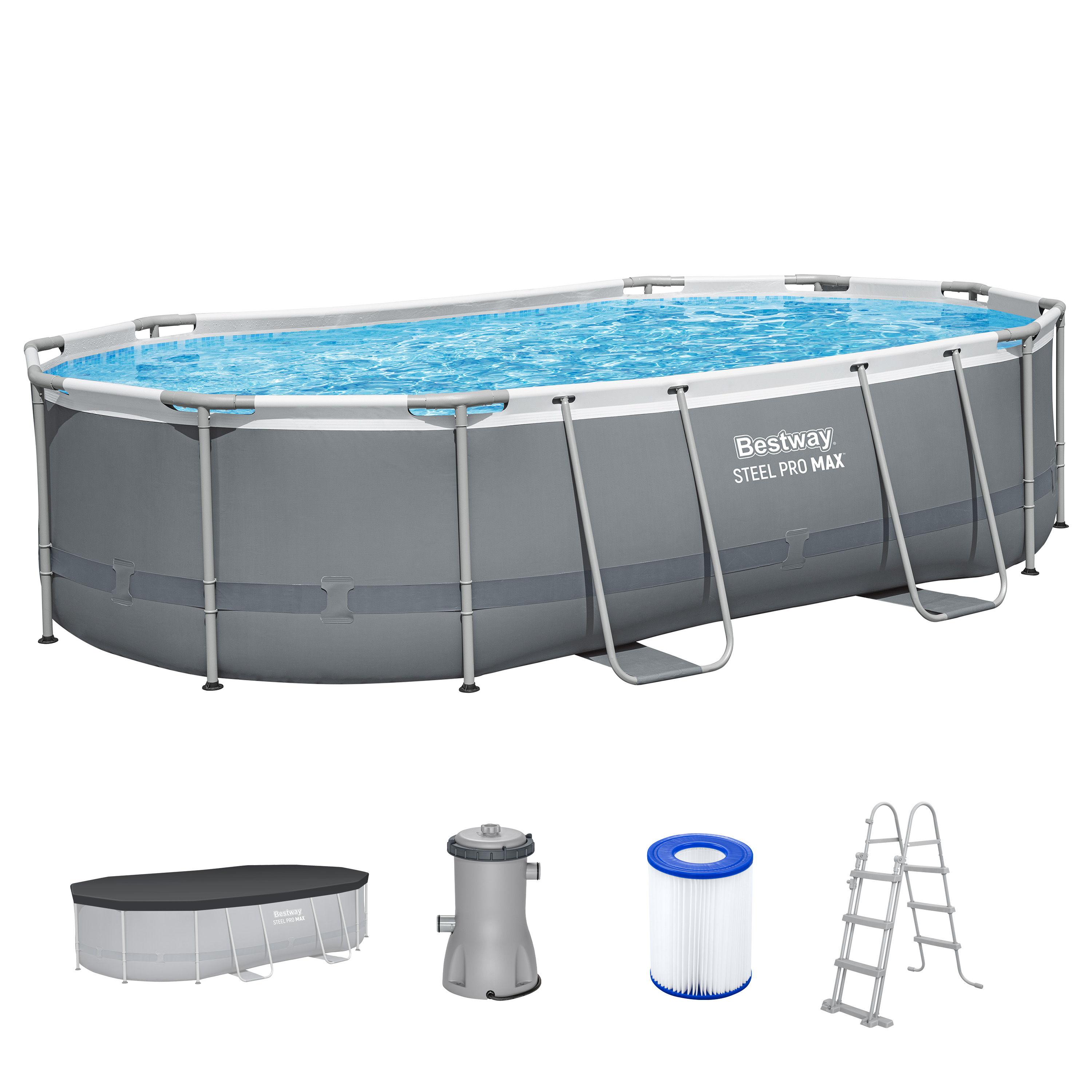 Steel Pro MAX™ Frame Pool Komplett Set mit Filterpumpe 488 x 305 x 107 cm, grau, oval
