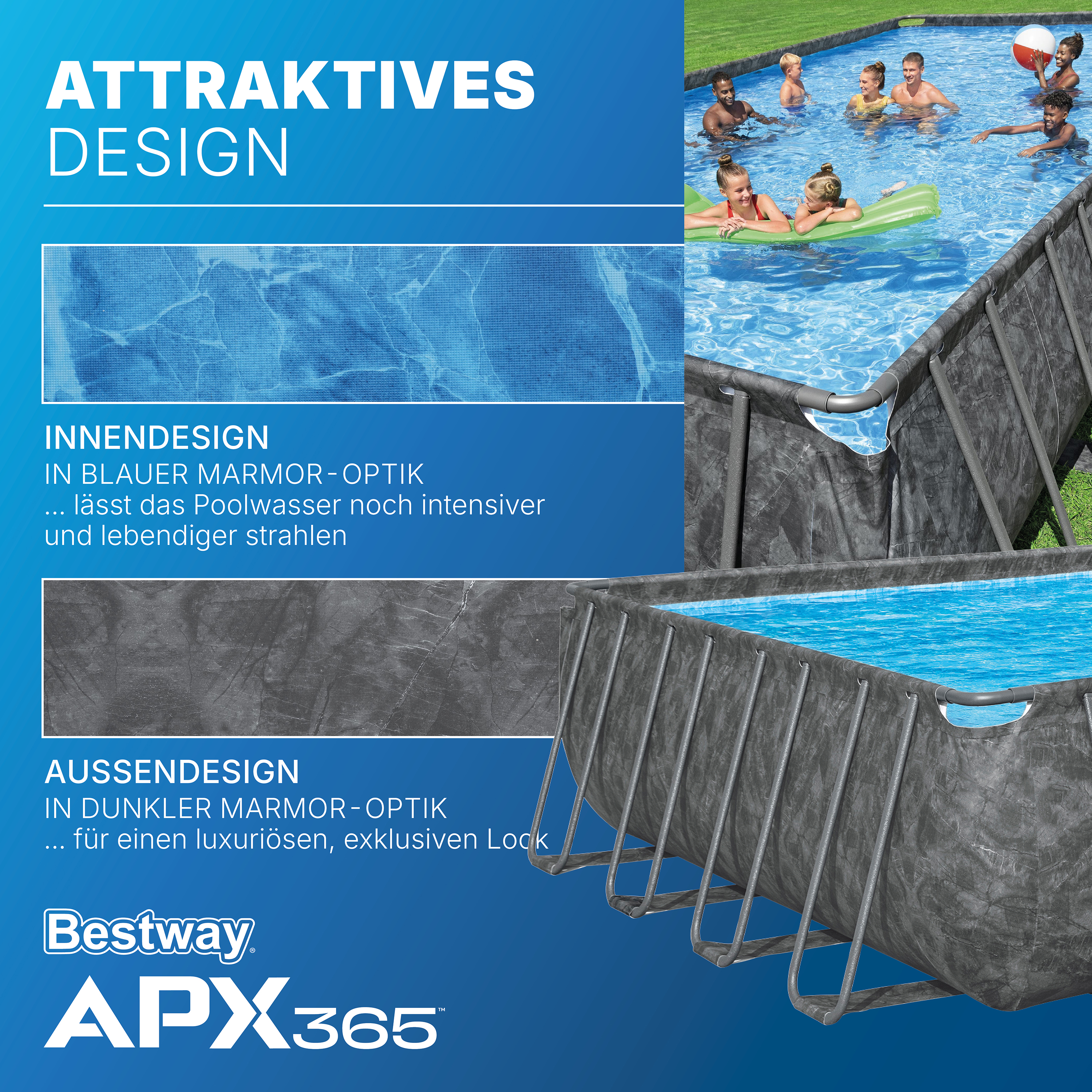 APX365™ Winterfester Solo Pool ohne Zubehör 956 x 488 x 132 cm, Marmor-Optik (Dunkel), eckig APX365™ Winterfester Solo Pool ohne Zubehör 956 x 488 x 132 cm, Marmor-Optik (Dunkel), eckig