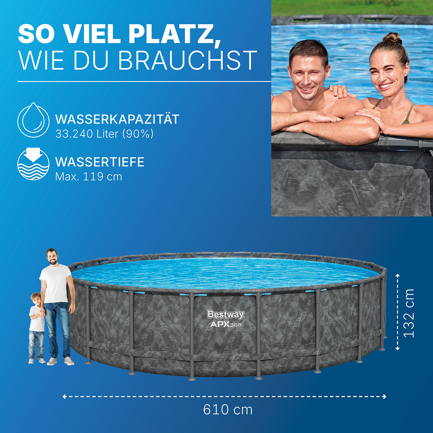 APX365™ Winterfestes Frame Pool Komplett-Set mit Sandfilteranlage Ø 610 x 132 cm, Marmor-Optik (Dunkel), rund