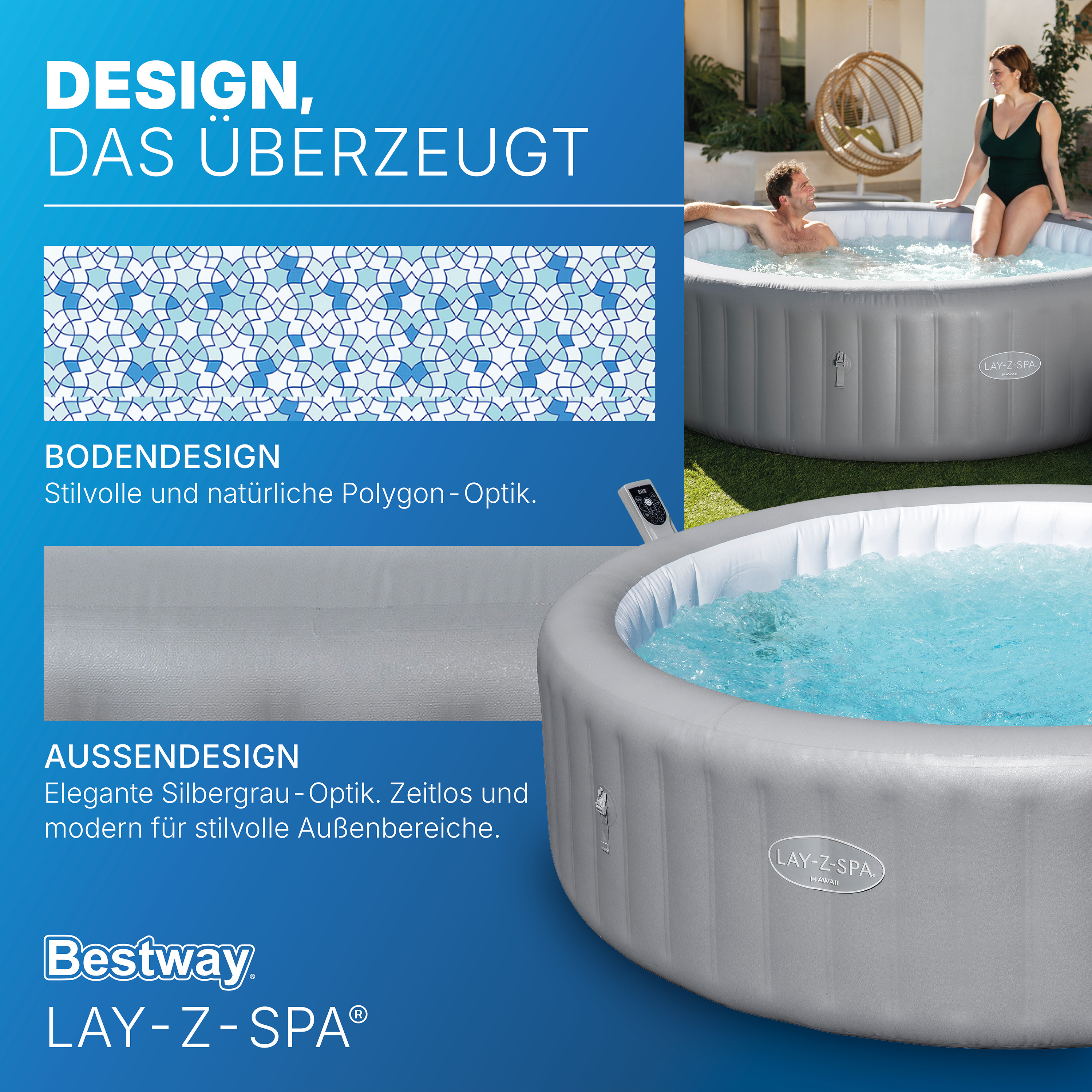 LAY-Z-SPA® Energiespar Whirlpool Hawaii AirJet™ mit App Steuerung, für 8 Personen Ø 236 x 71 cm, Silbergrau