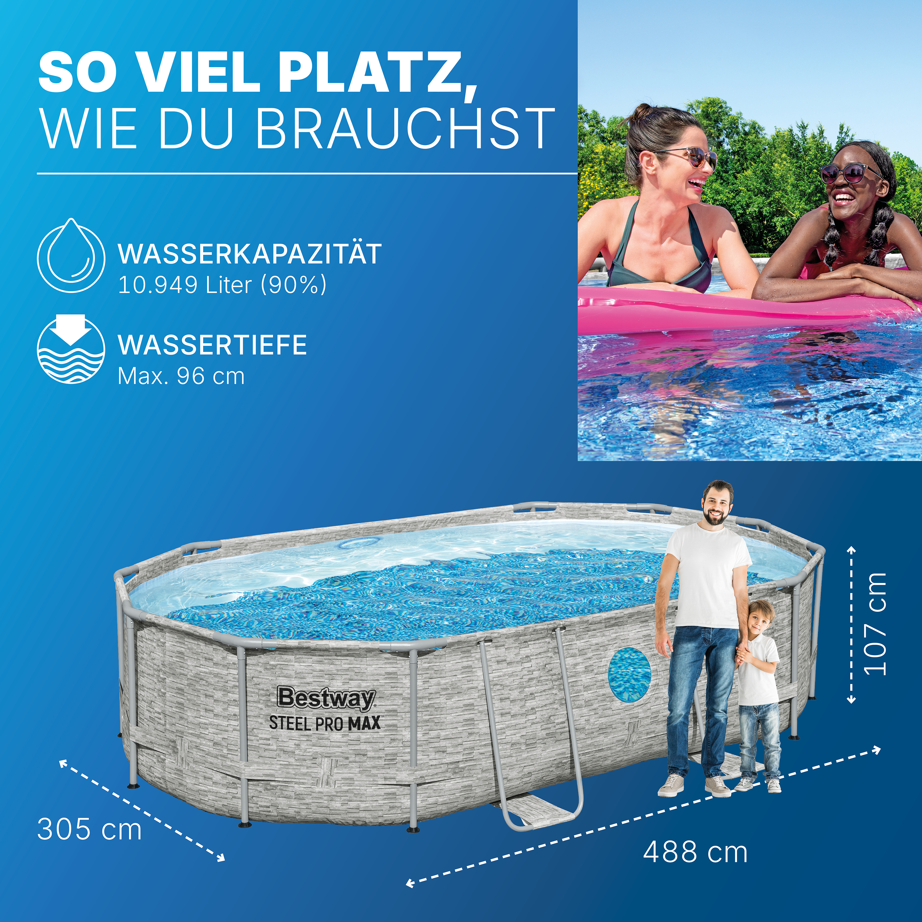 Steel Pro MAX™ Splashview™ Solo Pool ohne Zubehör 488 x 305 x 107 cm , Steinwand-Optik (Cremegrau), oval