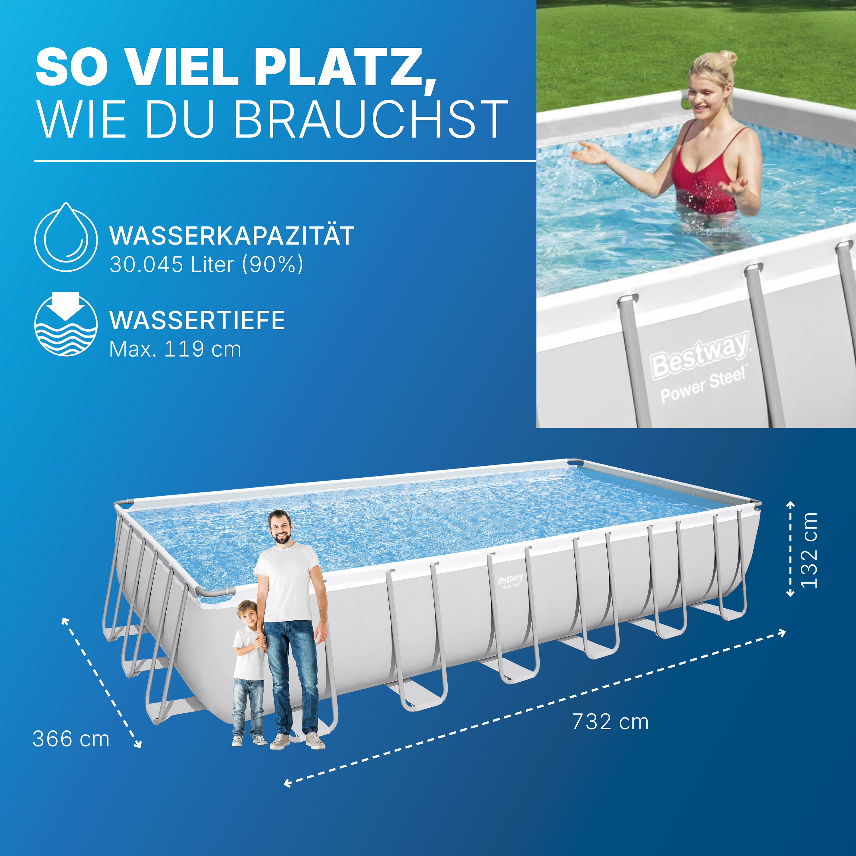 Power Steel™ Frame Pool Komplett-Set mit Sandfilteranlage 732 x 366 x 132 cm, lichtgrau, eckig