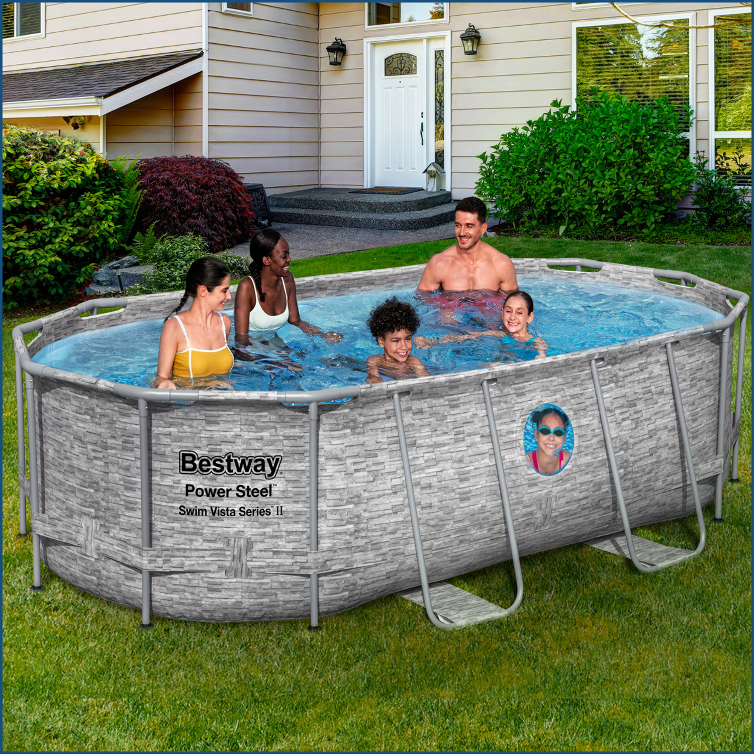 Power Steel™ Swim Vista Series™ Frame Pool Komplett-Set mit Filterpumpe 427 x 250 x 100 cm, Steinwand-Optik (Cremegrau), oval