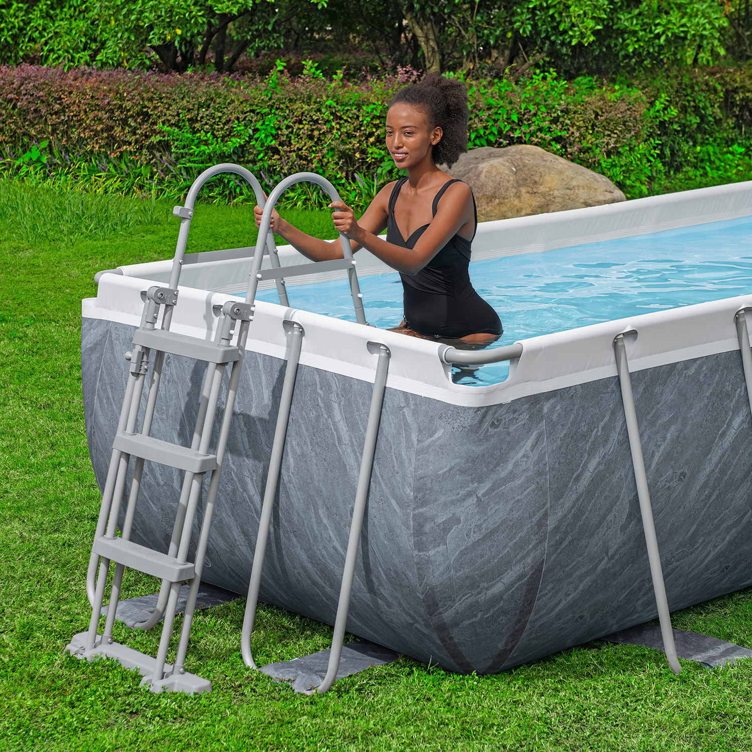 Steel Pro MAX™ Frame Pool Set mit Filterpumpe 404 x 201 x 100 cm, Marmor-Optik (Schiefergrau), eckig