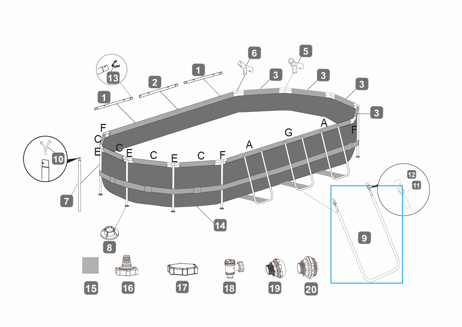 Bestway® Spare Part U-Shaped beam A (grey) for various Power Steel™ frame pools, oval