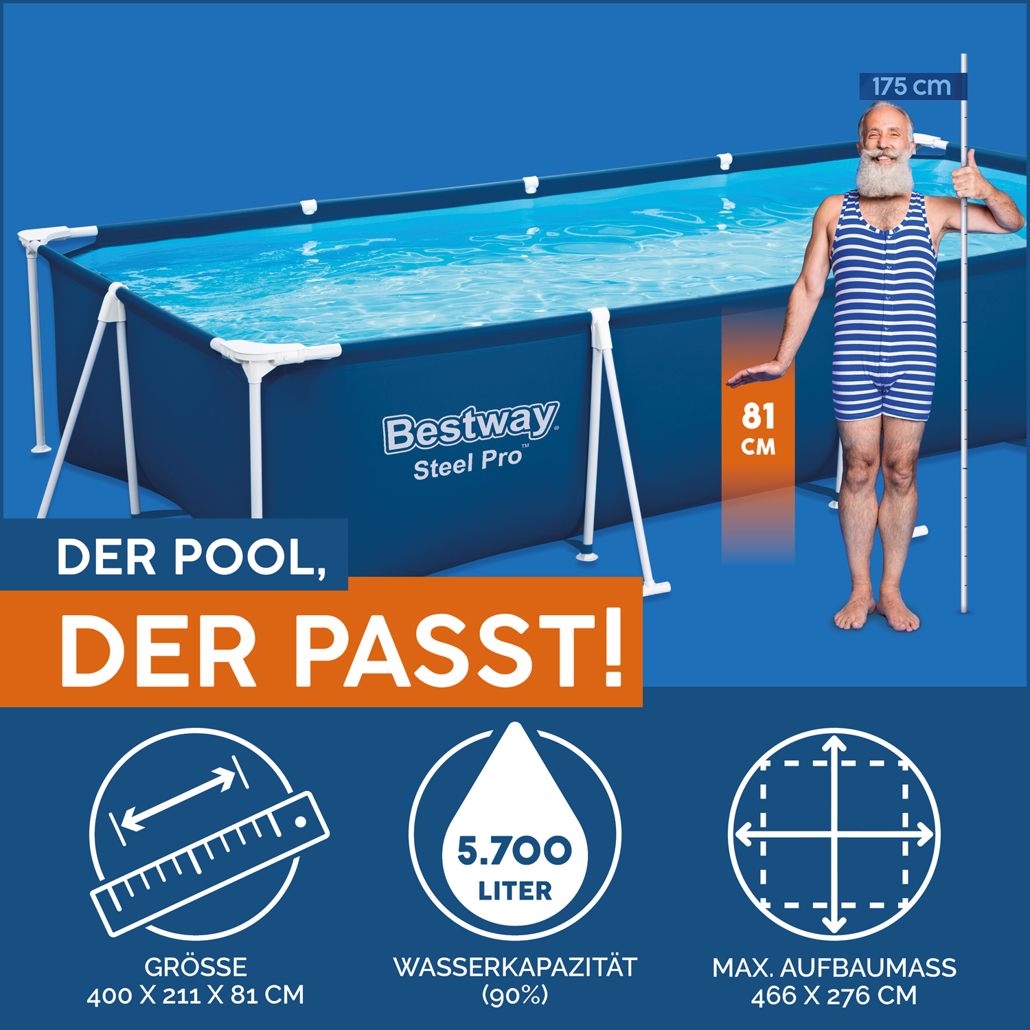 Steel Pro™ Frame Pool ohne Pumpe 400 x 211 x 81 cm , dunkelblau, eckig