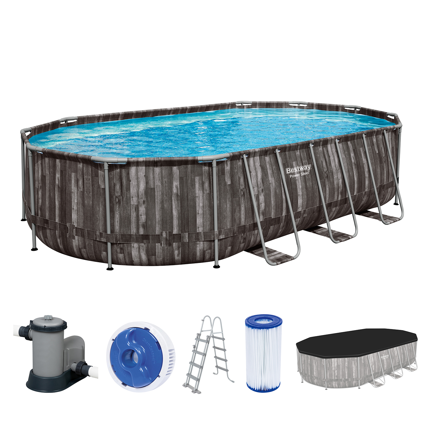 Power Steel™ Frame Pool Komplett Set mit Filterpumpe 610 x 366 x 122 cm , Holz-Optik (Mooreiche), oval Power Steel™ Frame Pool Komplett Set mit Filterpumpe 610 x 366 x 122 cm , Holz-Optik (Mooreiche), oval