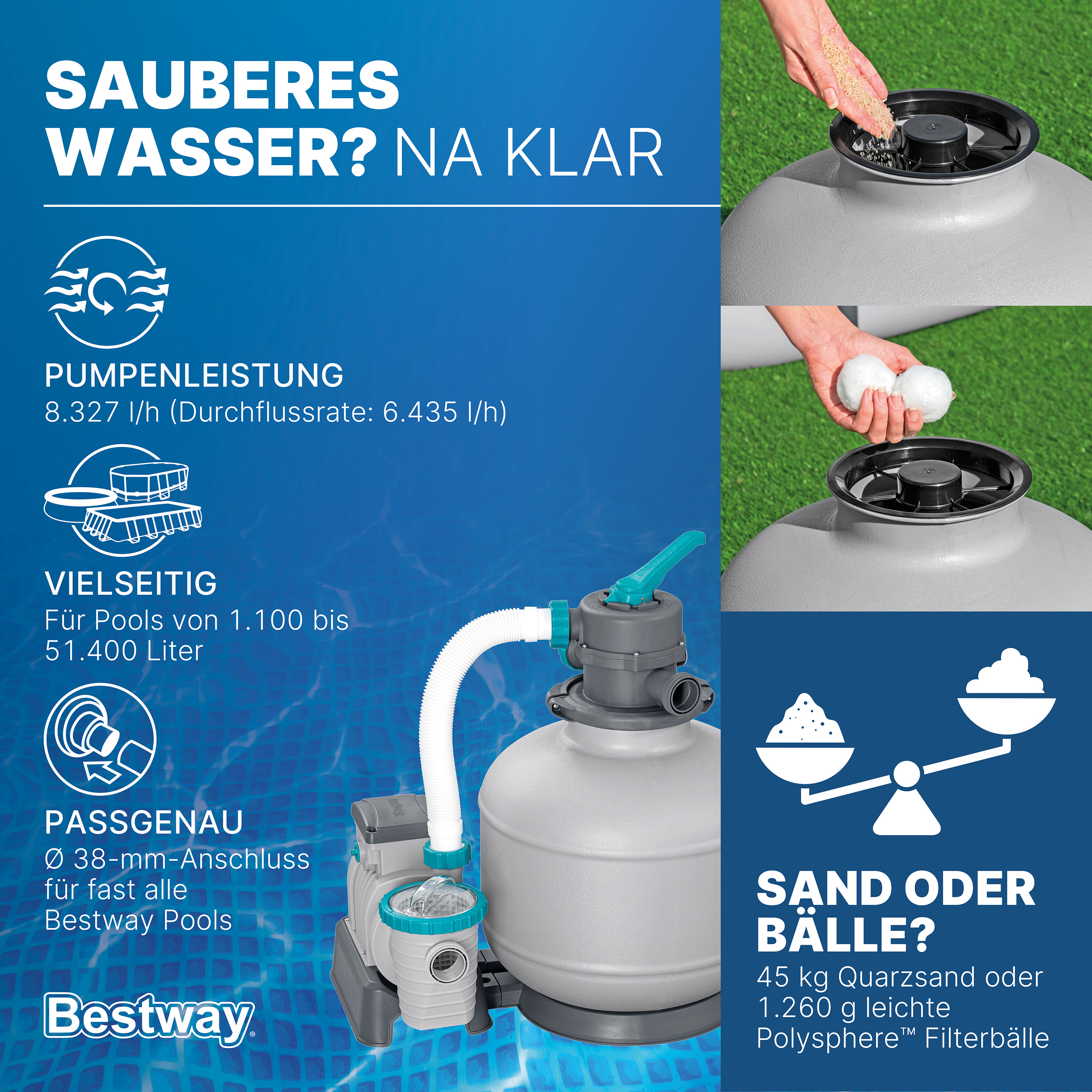 Sandfilteranlage mit Zeitschaltuhr 8.327 l/h, 280 W