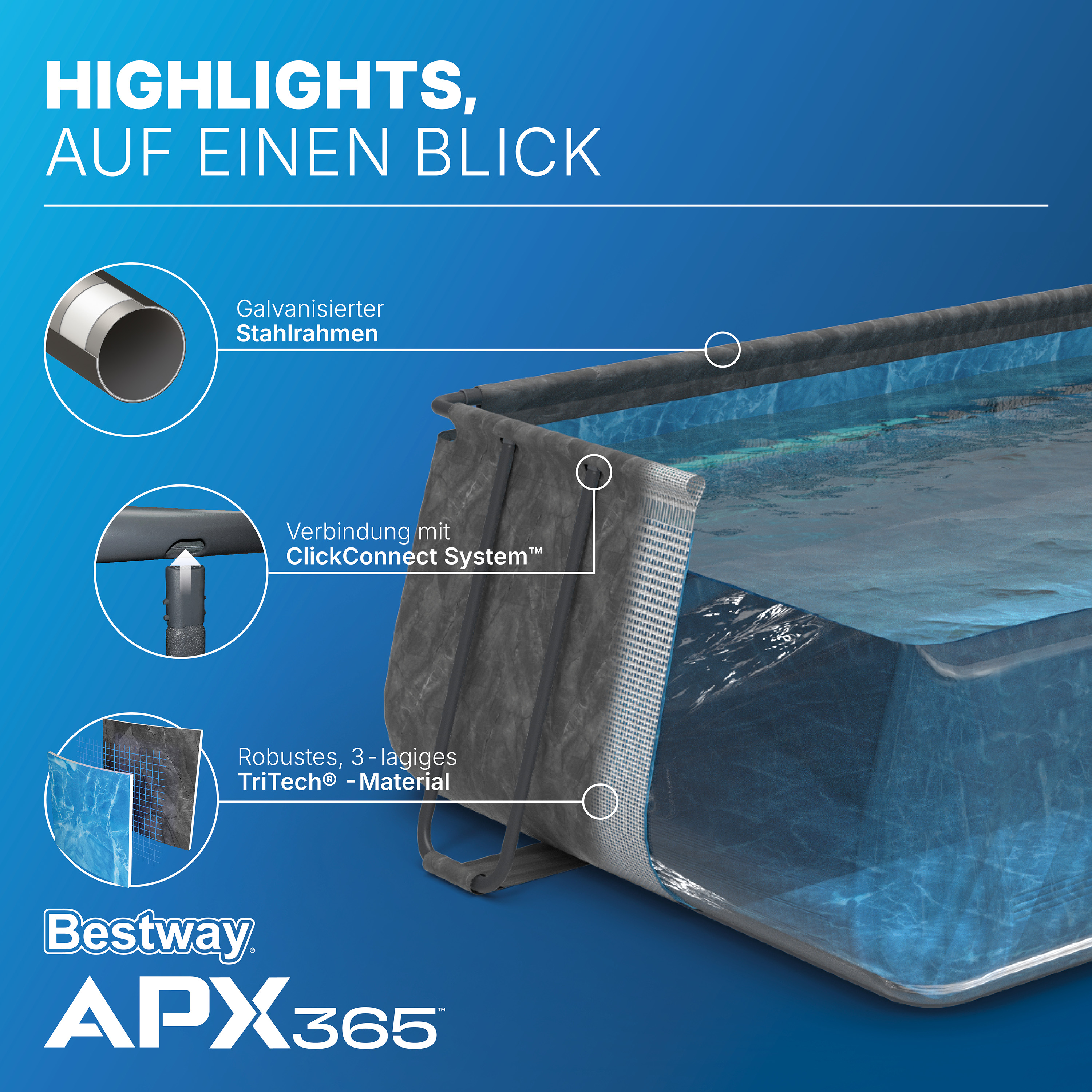 APX365™ Winterfestes Frame Pool Komplett Set mit Sandfilteranlage 956 x 488 x 132 cm, Marmor-Optik (Dunkel), eckig