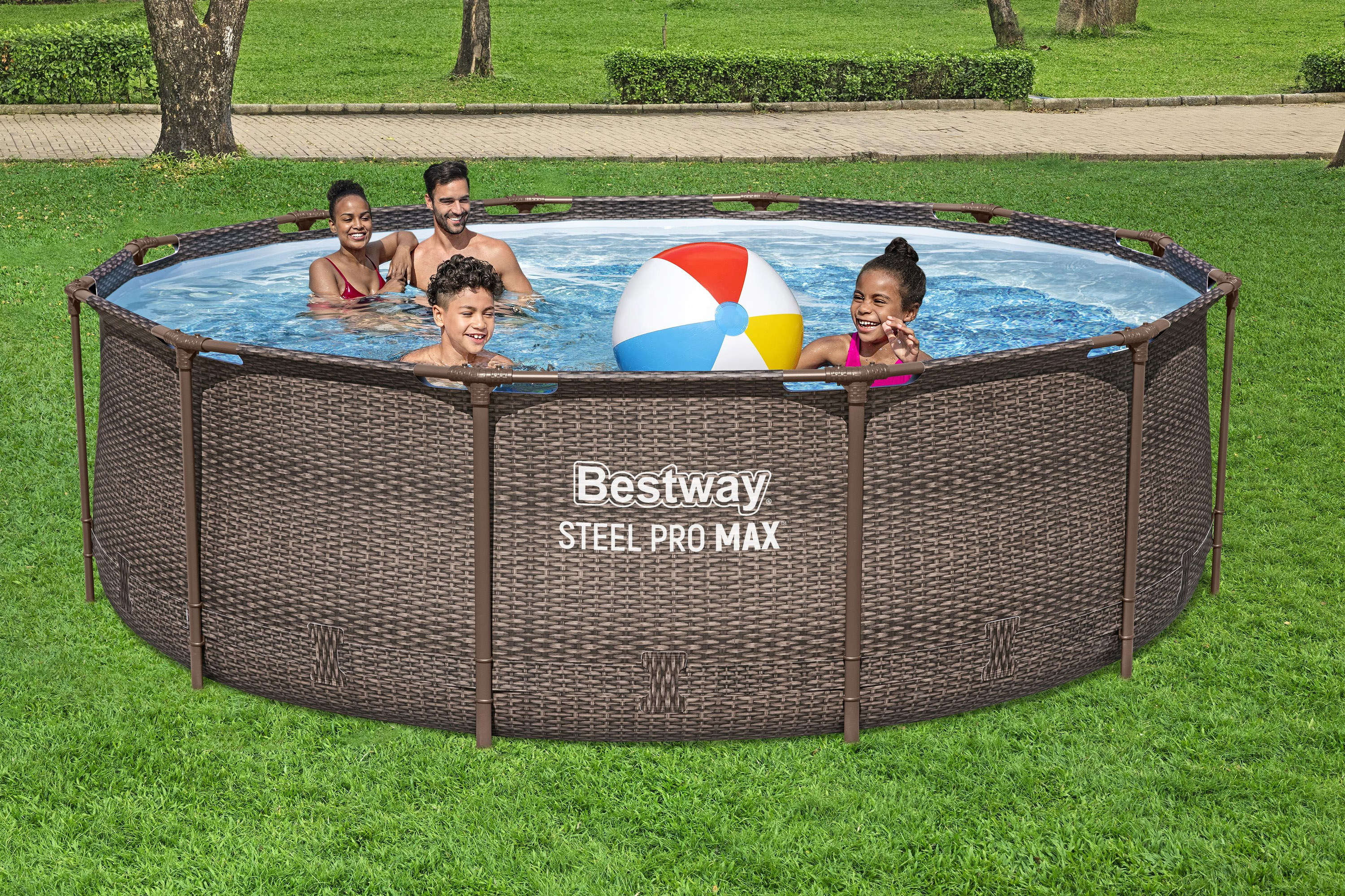 Steel Pro MAX™ Frame Pool Set mit Filterpumpe Ø 366 x 100 cm, Rattan-Optik (Schokobraun), rund