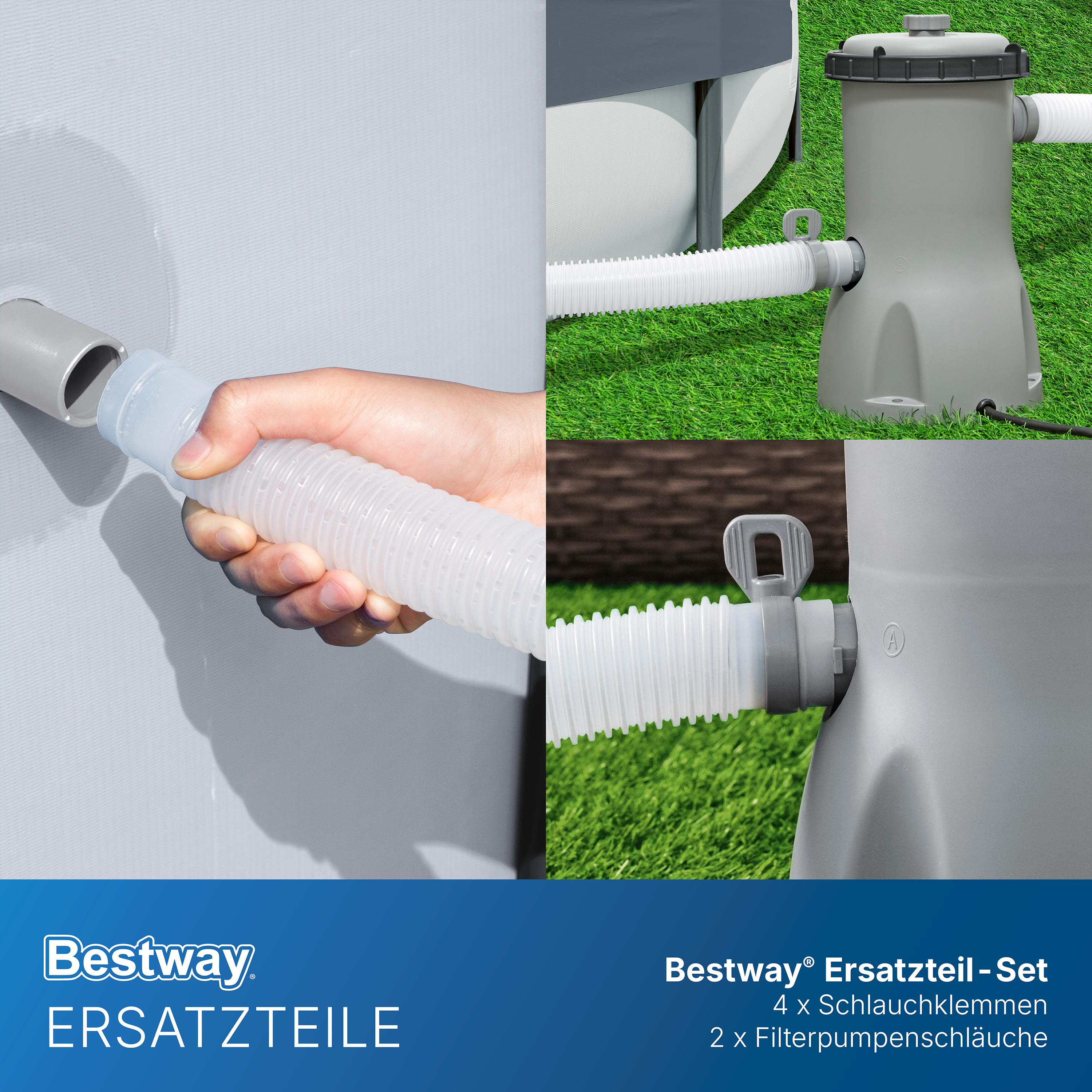 Bestway® Spare Part Hose set  (2 pcs / white / Ø 32 mm / 150 cm) clamp set (grey / 4 pcs) included Bestway® Spare Part Hose set  (2 pcs / white / Ø 32 mm / 150 cm) clamp set (grey / 4 pcs) included