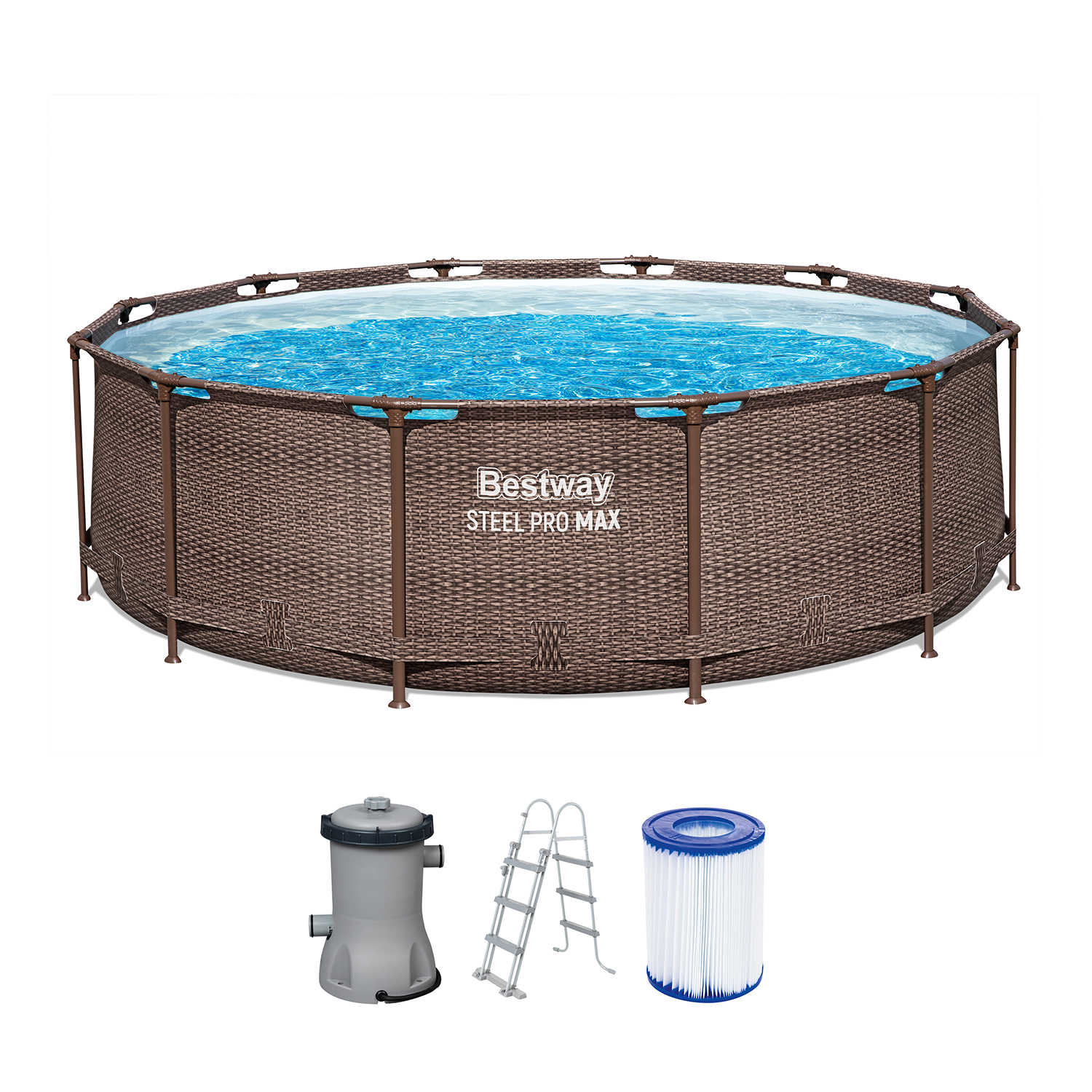 Steel Pro MAX™ Frame Pool Set mit Filterpumpe Ø 366 x 100 cm, Rattan-Optik (Schokobraun), rund