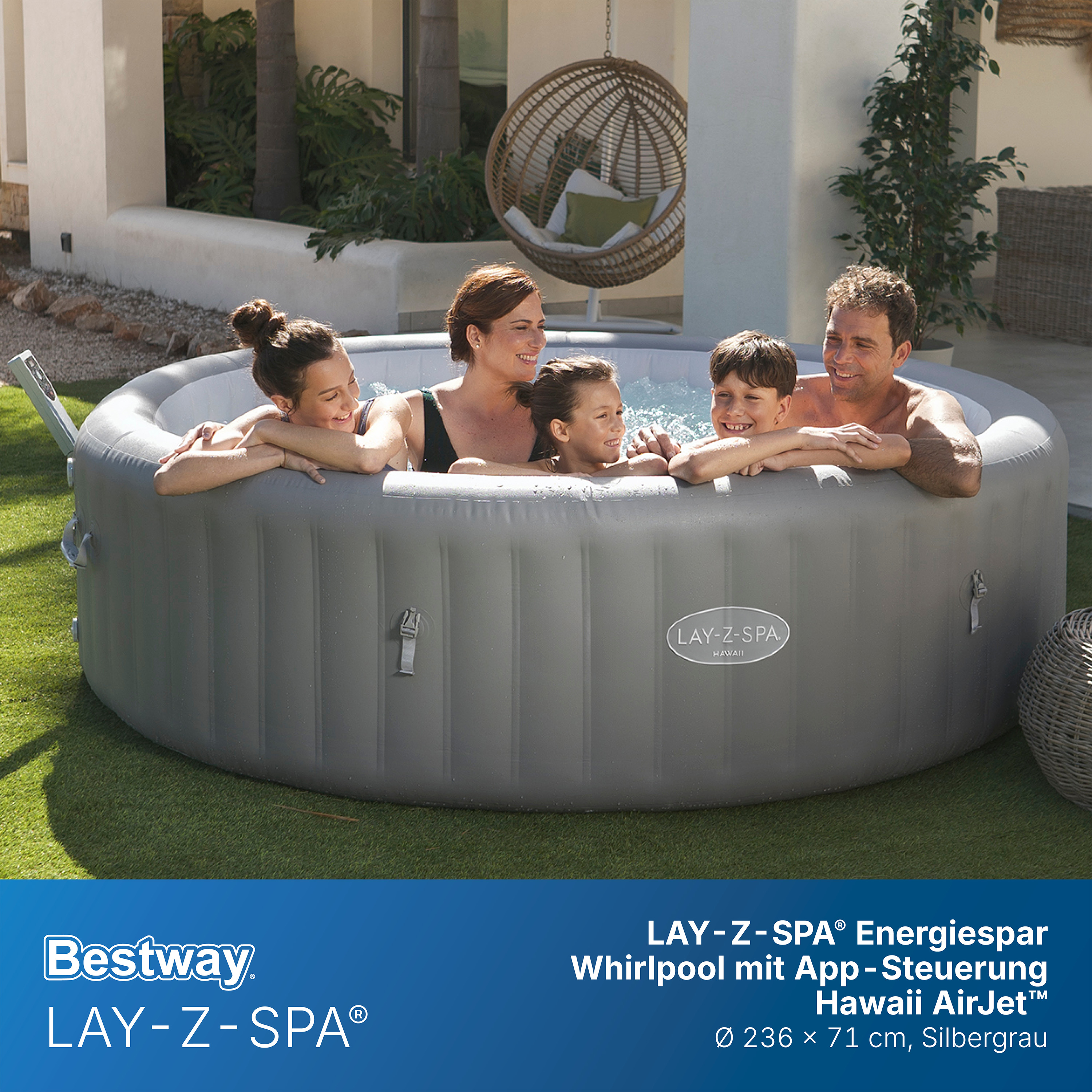 LAY-Z-SPA® Energiespar Whirlpool Hawaii AirJet™ mit App Steuerung, für 8 Personen Ø 236 x 71 cm, Silbergrau