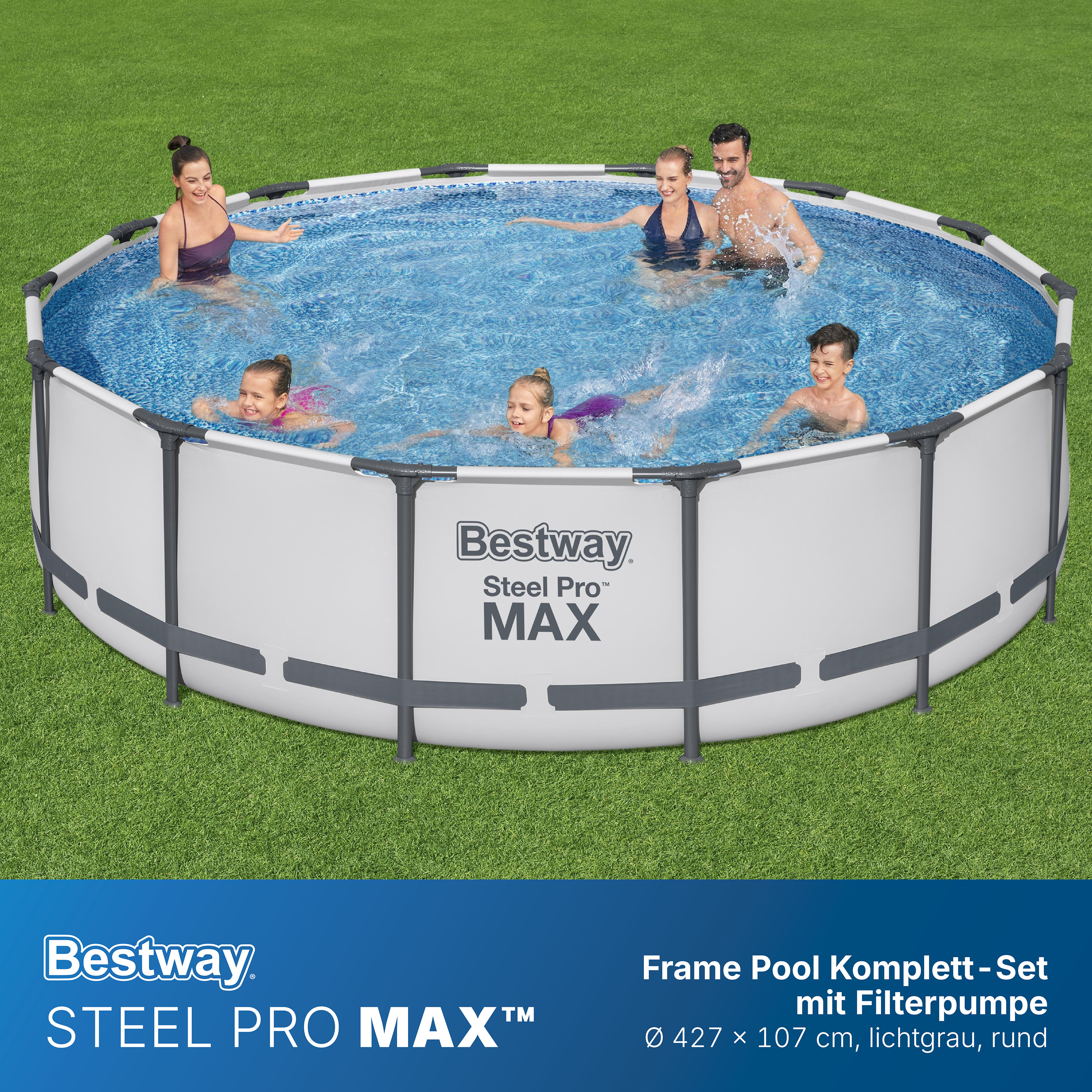 Steel Pro MAX™ Frame Pool Komplett Set mit Filterpumpe Ø 427 x 107 cm, lichtgrau, rund