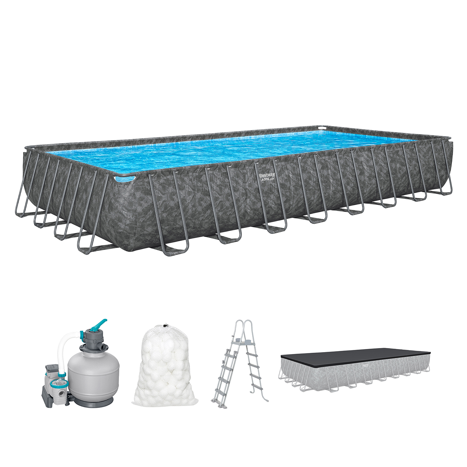 APX365™ Winterfestes Frame Pool Komplett-Set mit Sandfilteranlage 956 x 488 x 132 cm, Marmor-Optik (Dunkel), eckig