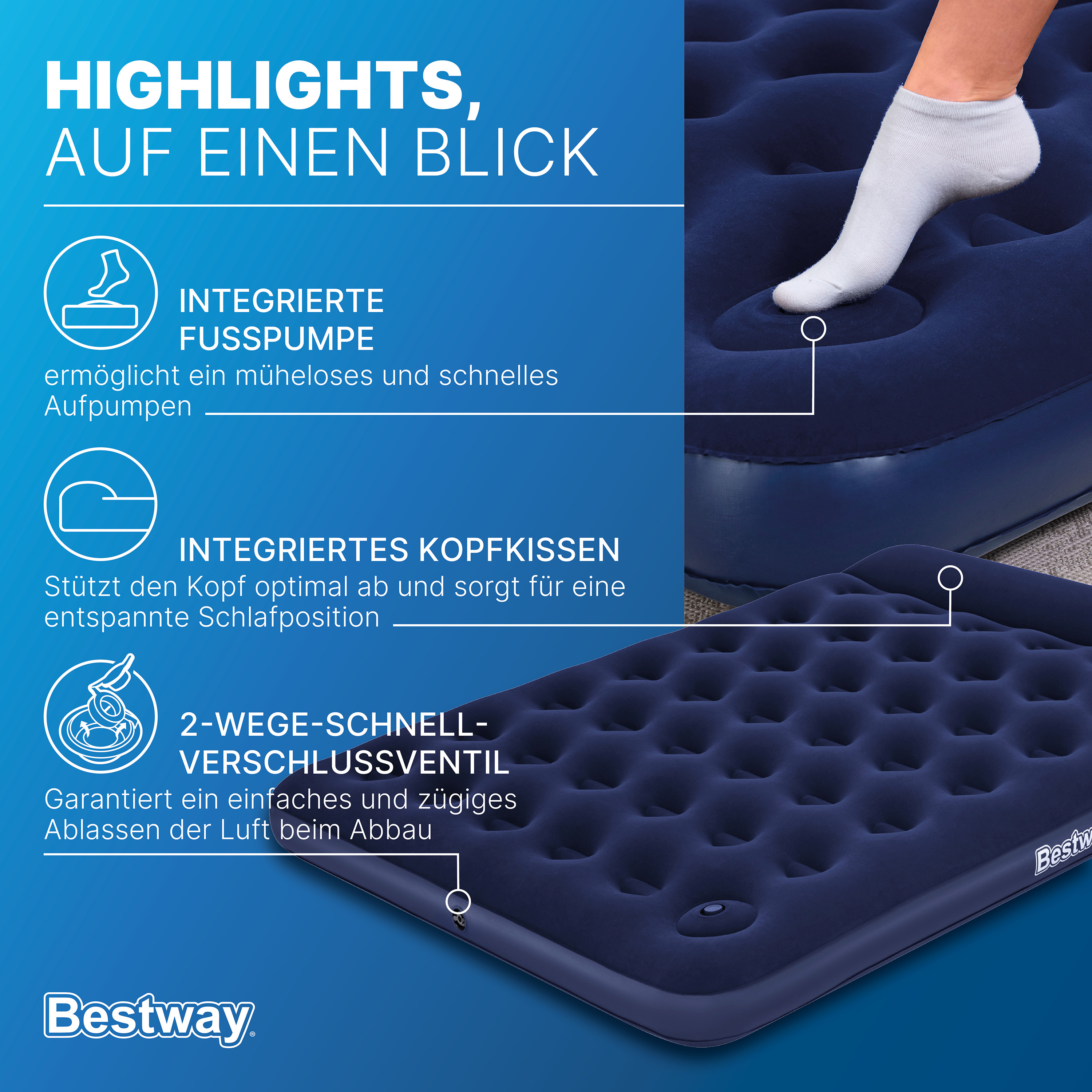 Doppelluftbett mit integrierter Fußpumpe 203 x 152 x 28 cm