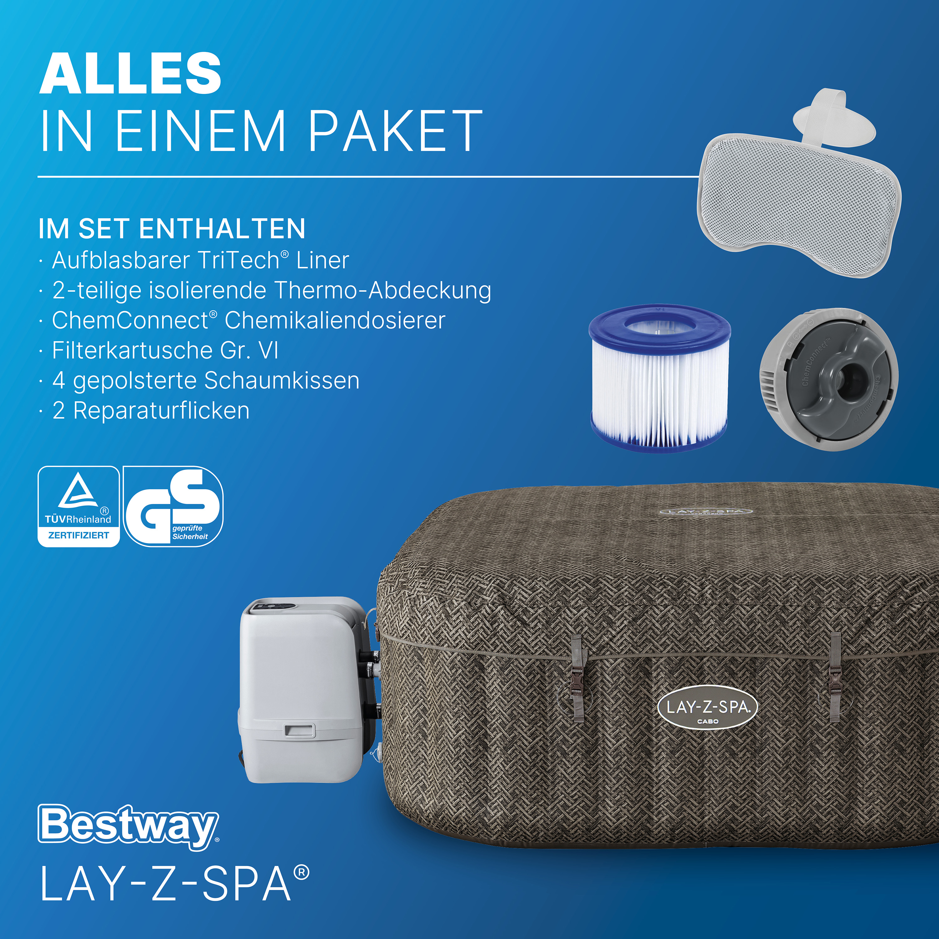 LAY-Z-SPA® Energiespar Whirlpool Cabo HydroJet™ mit App-Steuerung, für 6 Personen, 180 x 180 x 71 cm, Kreuzgeflecht-Optik (Eichengrau)