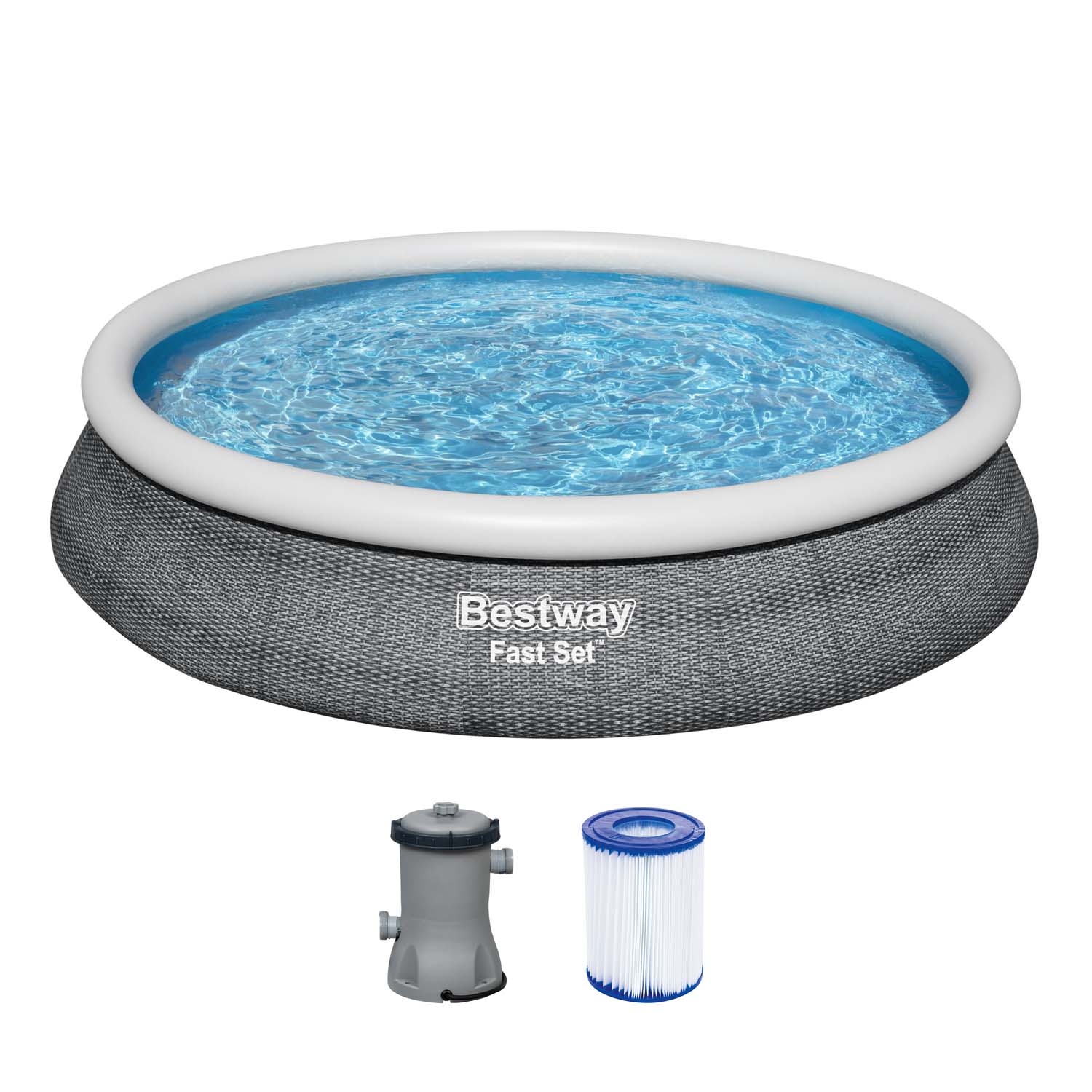 Fast Set™ Aufstellpool-Set mit Filterpumpe Ø 457 x 84 cm, Rattan-Optik (Schiefergrau), rund