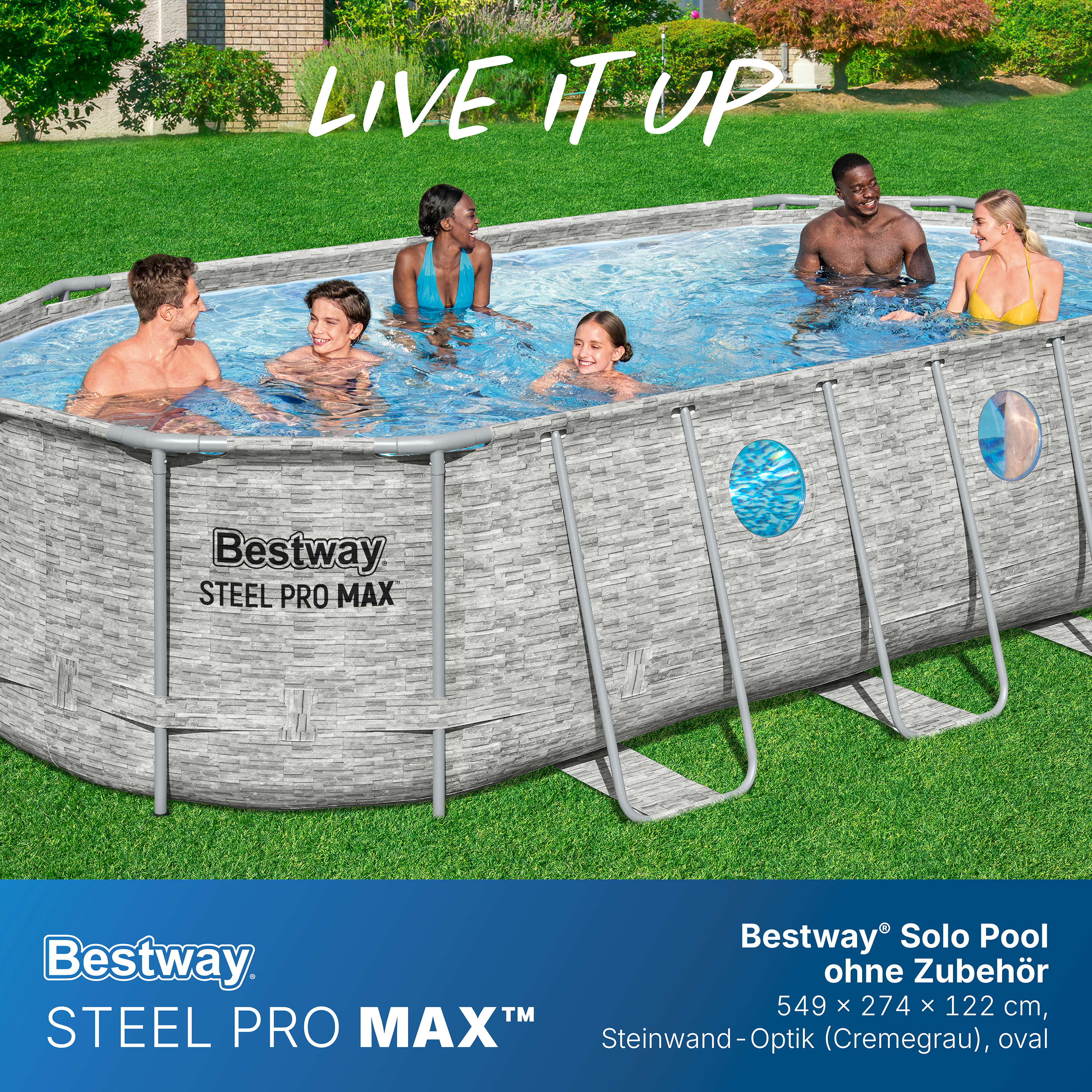Steel Pro MAX™ Splashview™ Solo Pool ohne Zubehör 549 x 274 x 122 cm, Steinwand-Optik (Cremegrau), oval