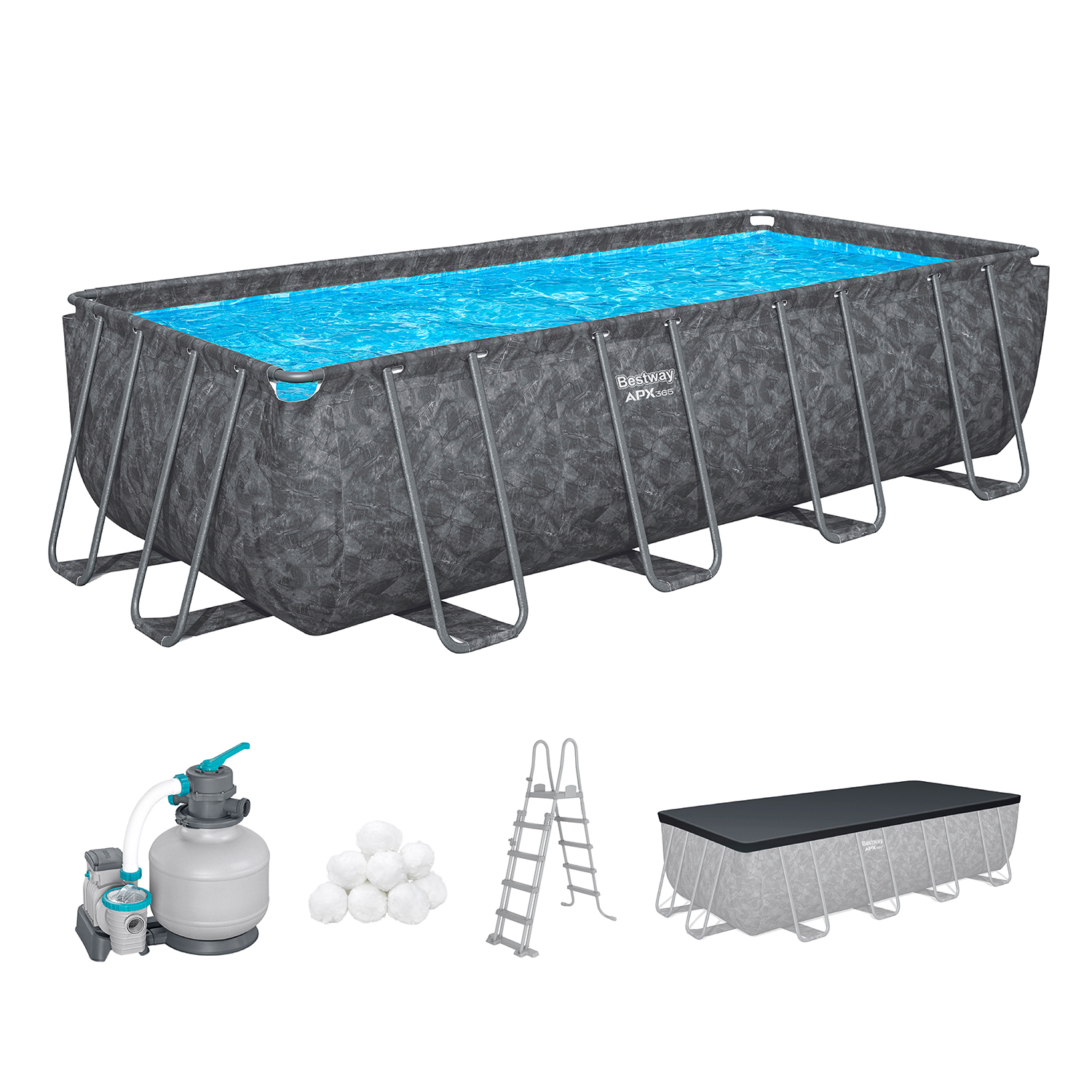 APX365™ Winterfestes Frame Pool Komplett Set mit Sandfilteranlage 549 x 274 x 132 cm, Marmor-Optik (Dunkel), eckig