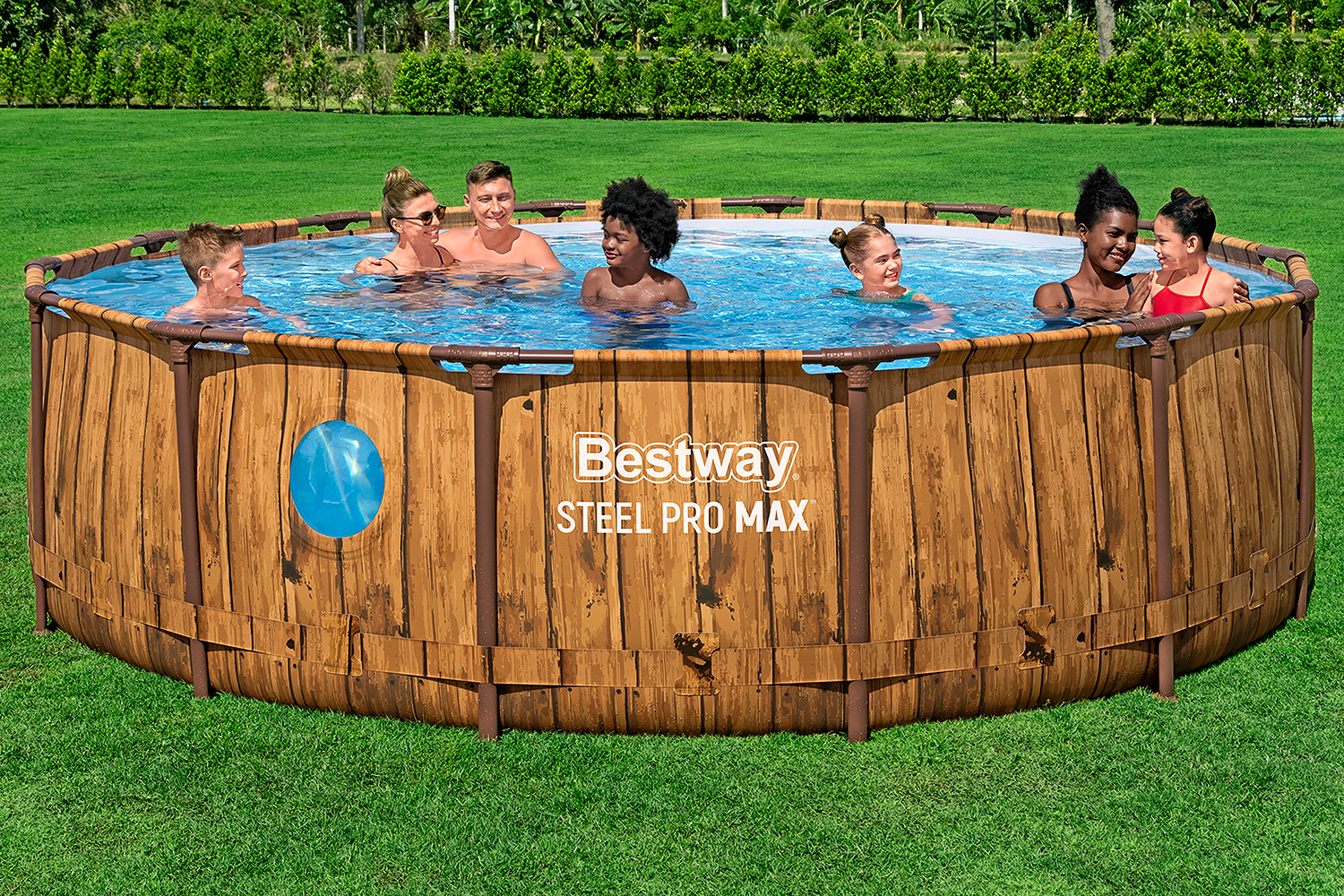 Steel Pro MAX™ Splashview™ Frame Pool Komplett-Set mit Filterpumpe Ø 427 x 107 cm, Holz-Optik (Pinie), rund