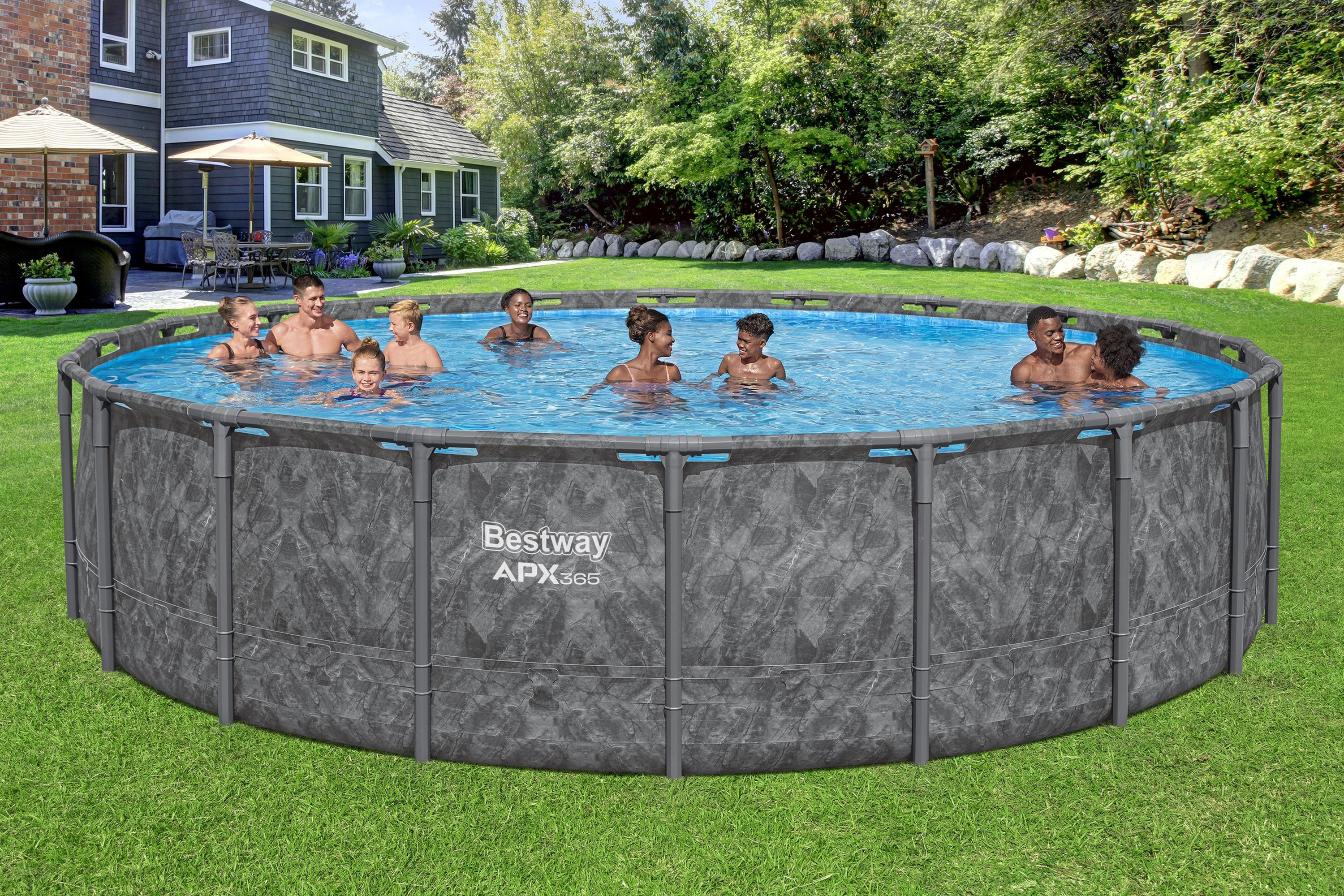 APX365™ Winterfestes Frame Pool Komplett Set mit Sandfilteranlage Ø 610 x 132 cm, Marmor-Optik (Dunkel), rund