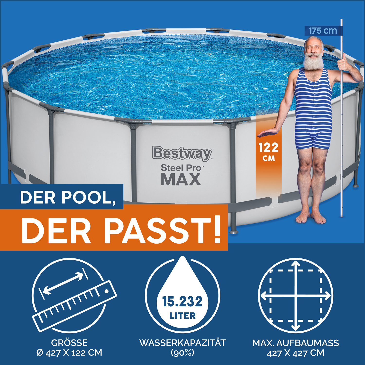 Steel Pro MAX™ Frame Pool Komplett-Set mit Filterpumpe Ø 427 x 122 cm, lichtgrau, rund