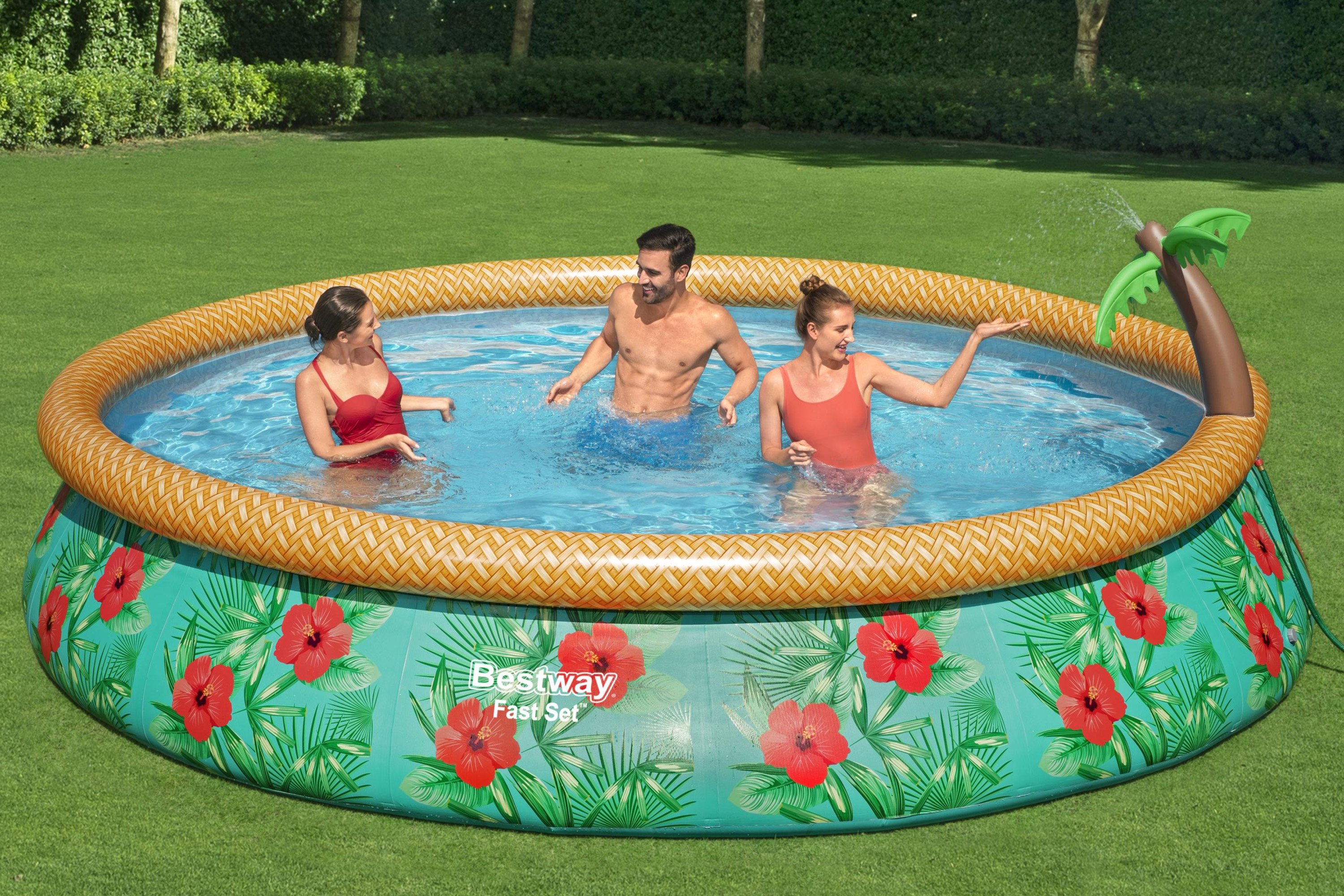 Fast Set™ Aufstellpool Set mit Wassersprinkler und Filterpumpe Ø 457 x 84 cm, Buntes Hawaii, rund