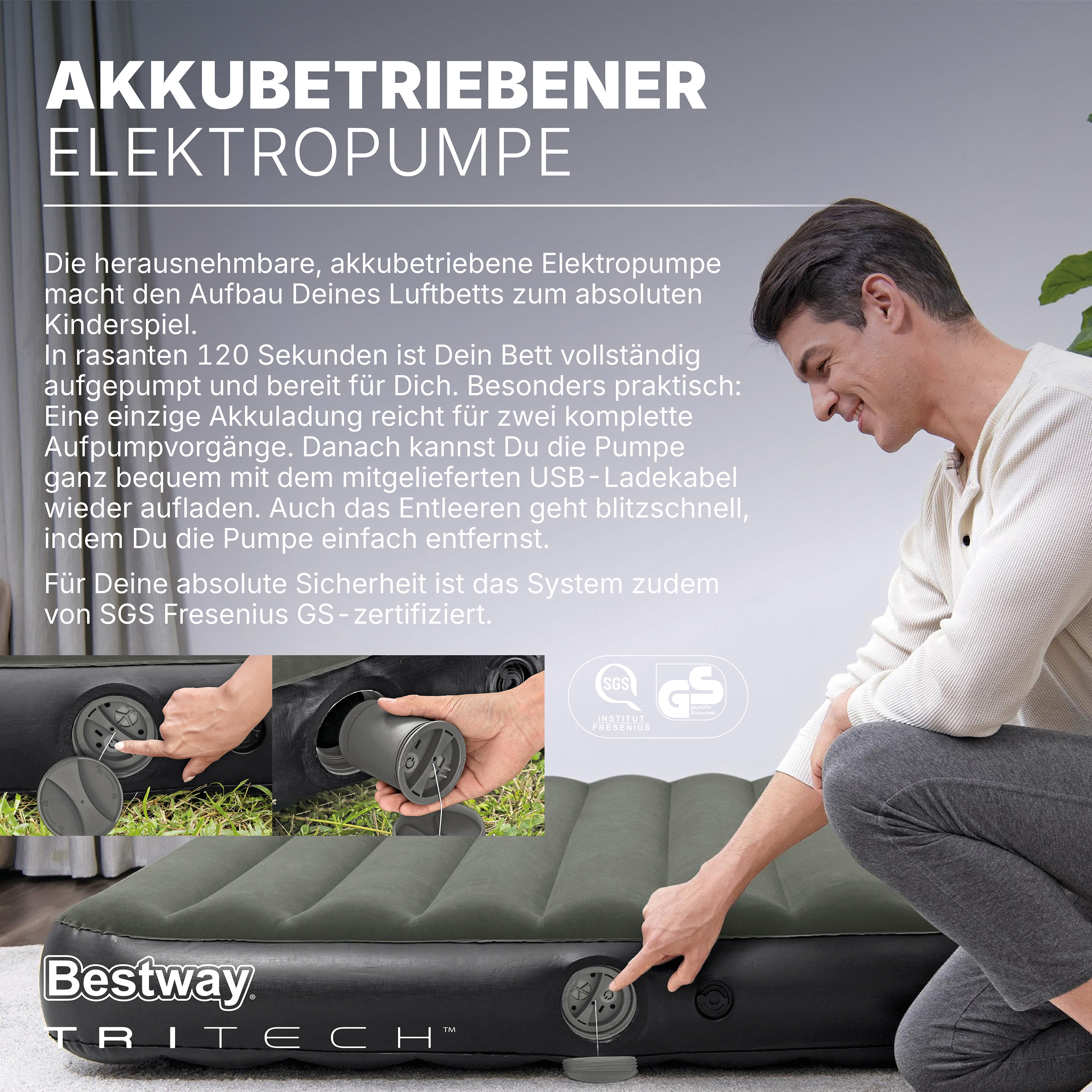 TriTech® Doppelluftbett mit mobiler, akkubetriebener Elektropumpe 203 x 152 x 25 cm
