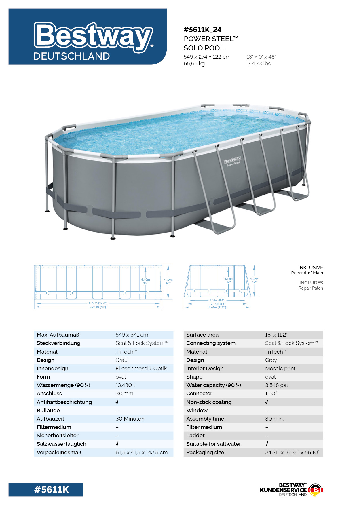 Power Steel™ Solo Pool ohne Zubehör 549 x 274 x 122 cm, grau, oval