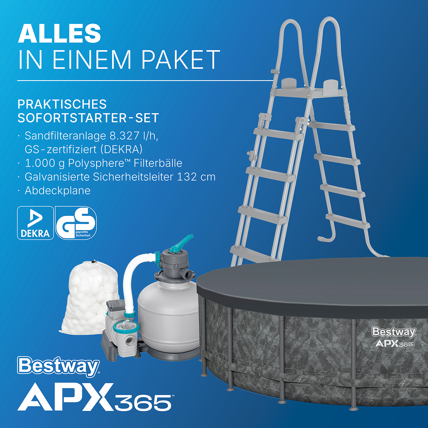 APX365™ Winterfestes Frame Pool Komplett-Set mit Sandfilteranlage Ø 610 x 132 cm, Marmor-Optik (Dunkel), rund