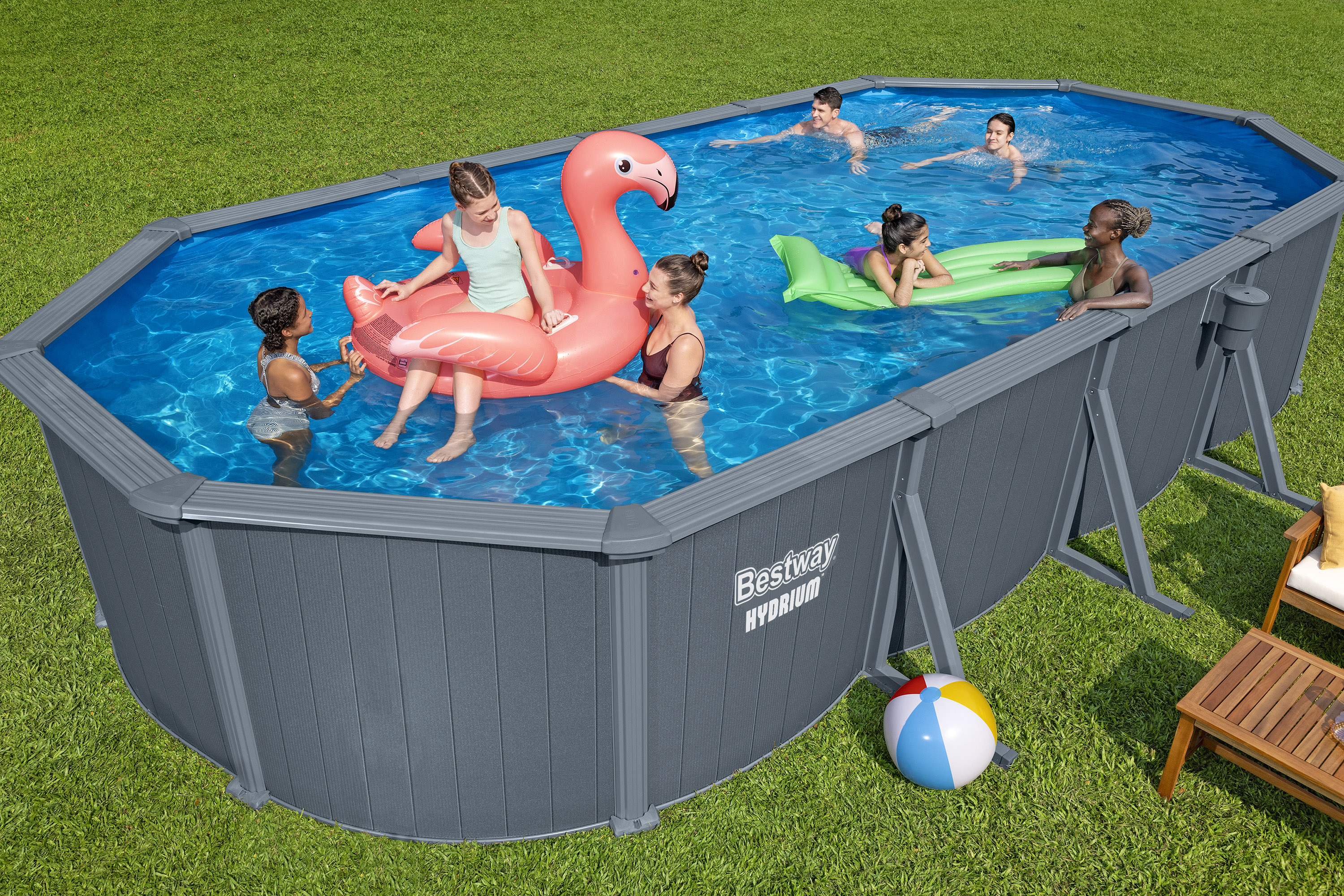 Hydrium™ Stahlwandpool Komplett Set mit Sandfilteranlage 732 x 366 x 132 cm, Holz Optik (Grau), oval